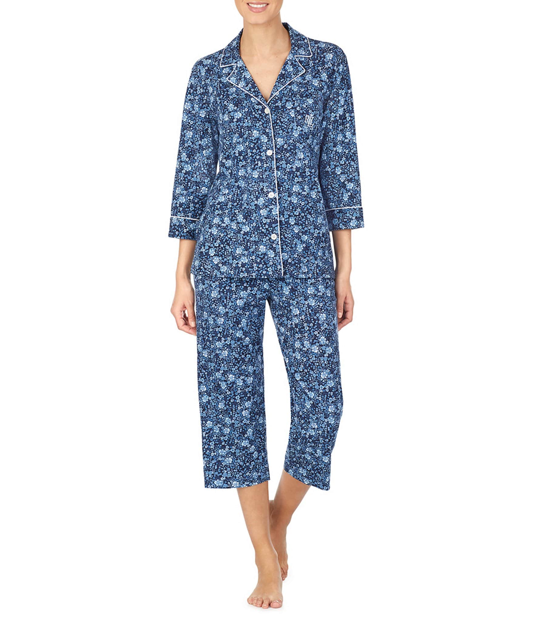 Lauren Ralph Lauren Floral Print 3/4 Sleeve Notch Collar Knit Capri Pajama  Set | Dillard's