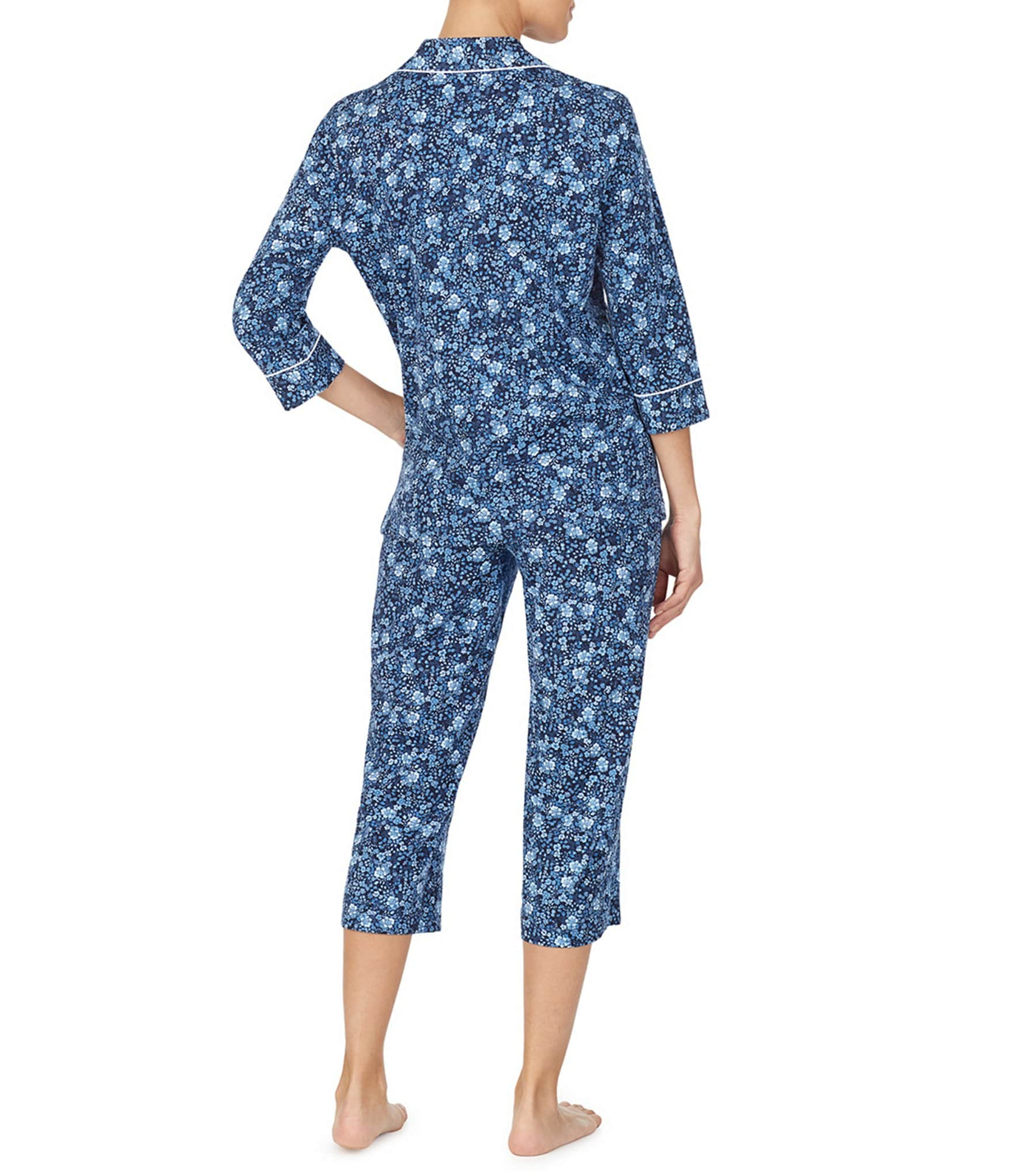 Lauren Ralph Lauren Floral Print 3/4 Sleeve Notch Collar Knit Capri Pajama Set