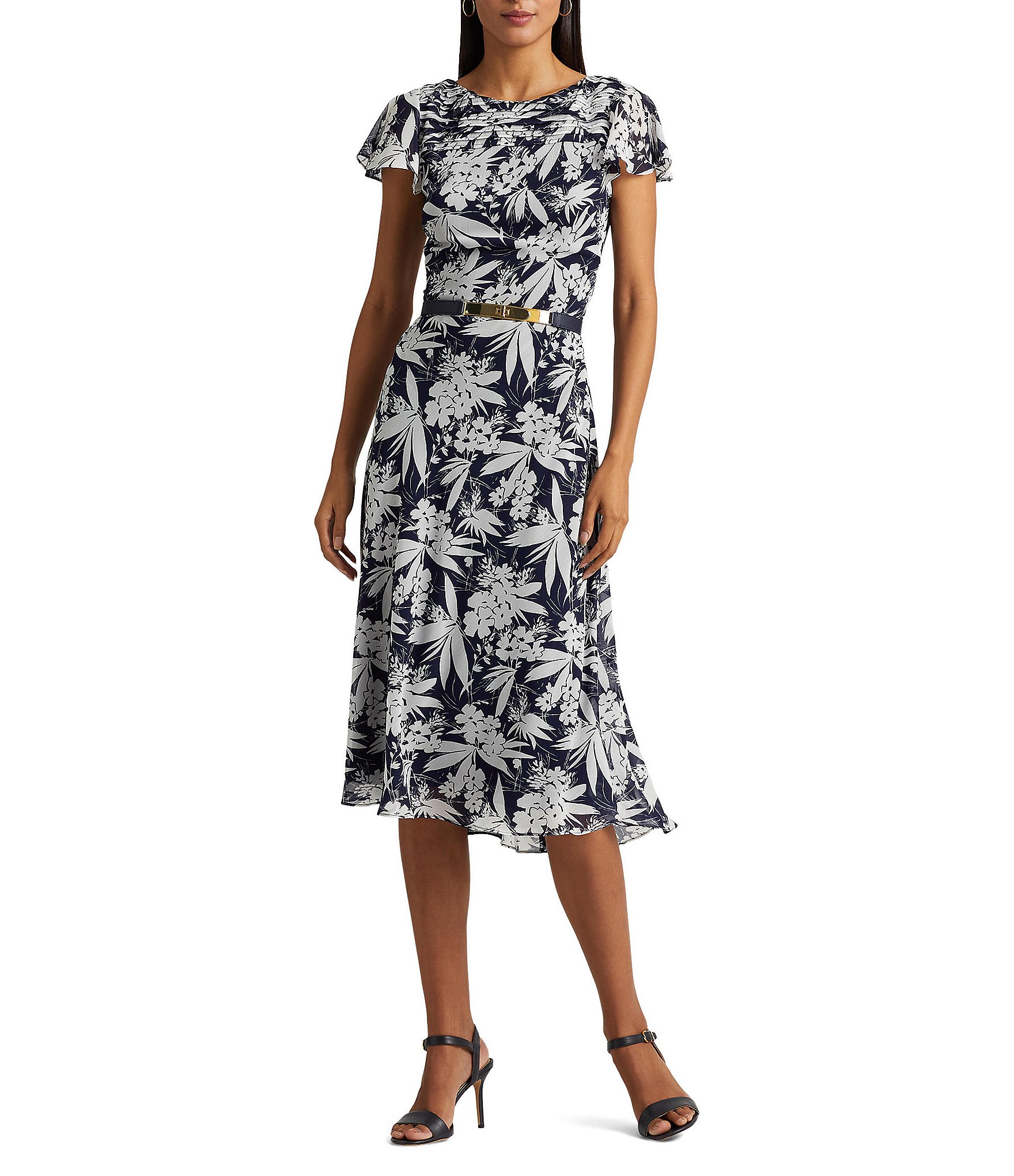 Lauren Ralph Lauren Floral Print Boat Neck Short Flutter Sleeve A-Line  Dress | Dillard's