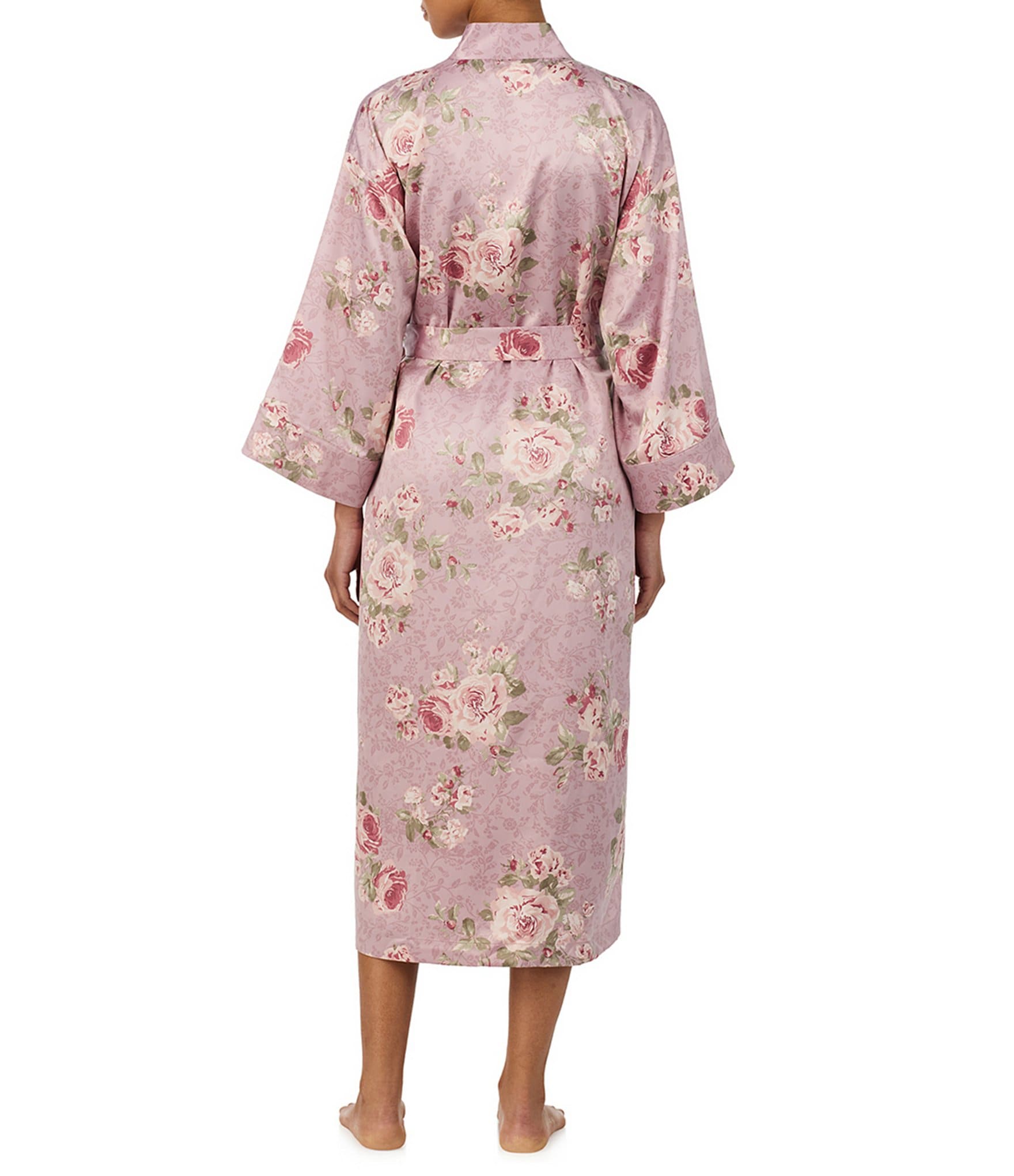 Lauren Ralph Lauren Floral Print Kimono Sleeve Matte Satin Long Robe