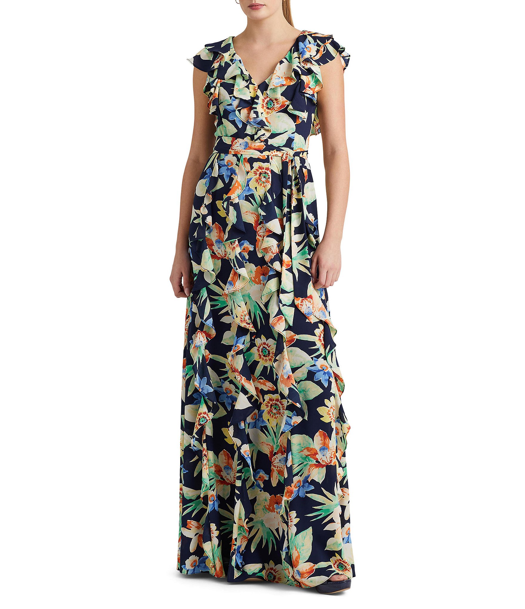 Lauren Ralph Lauren Floral Print Ruffle Trim V-Neck A-Line Dress | Dillard's