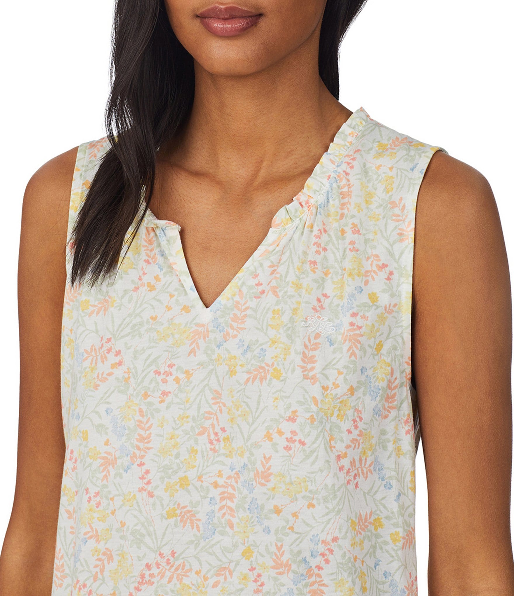 Lauren Ralph Lauren Floral Print Ruffle Trimmed Split V-Neck Knit Nightgown