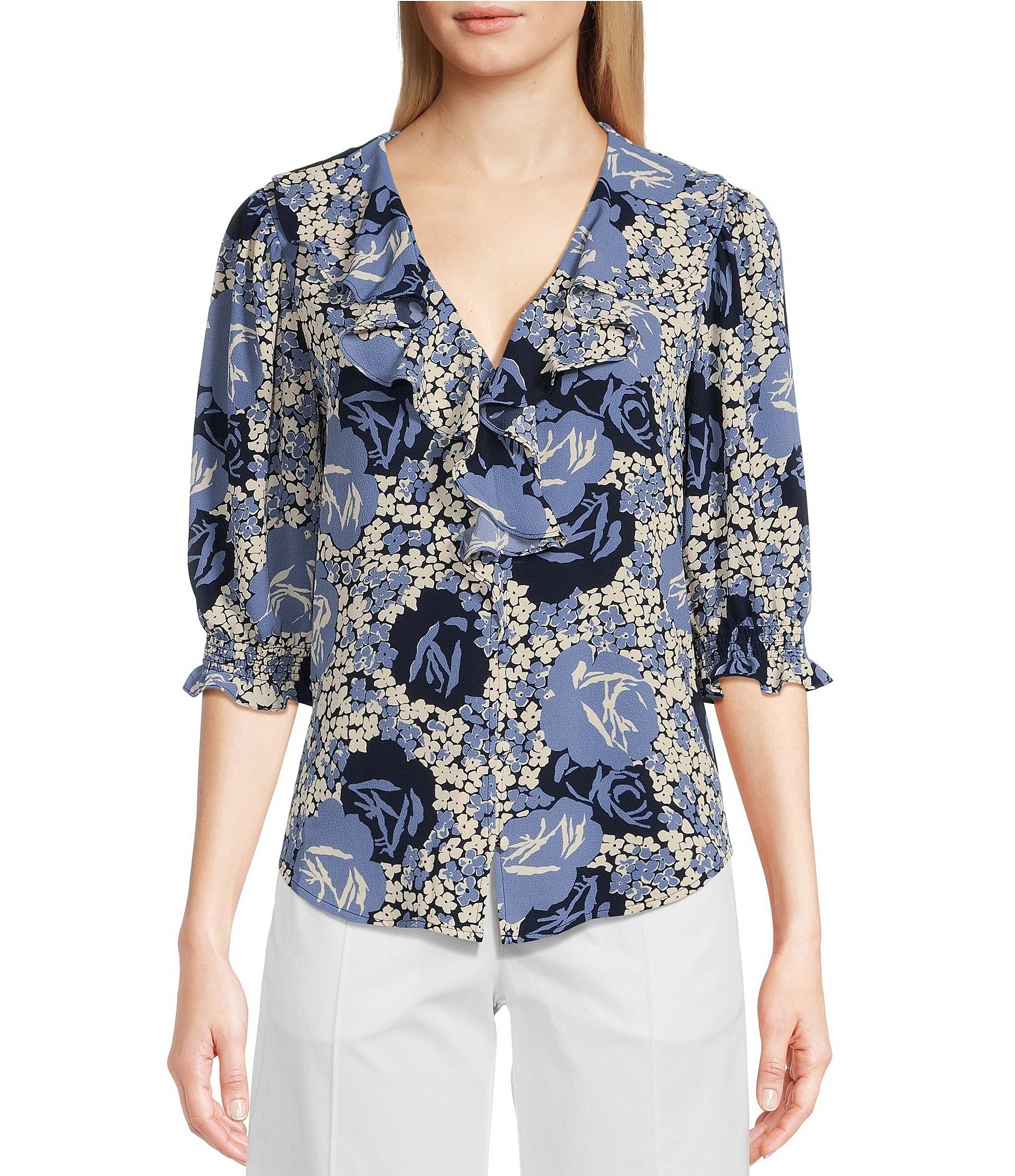 Lauren Ralph Lauren Floral Print V-Neck 3/4 Puff Sleeve Ruffle Trim ...