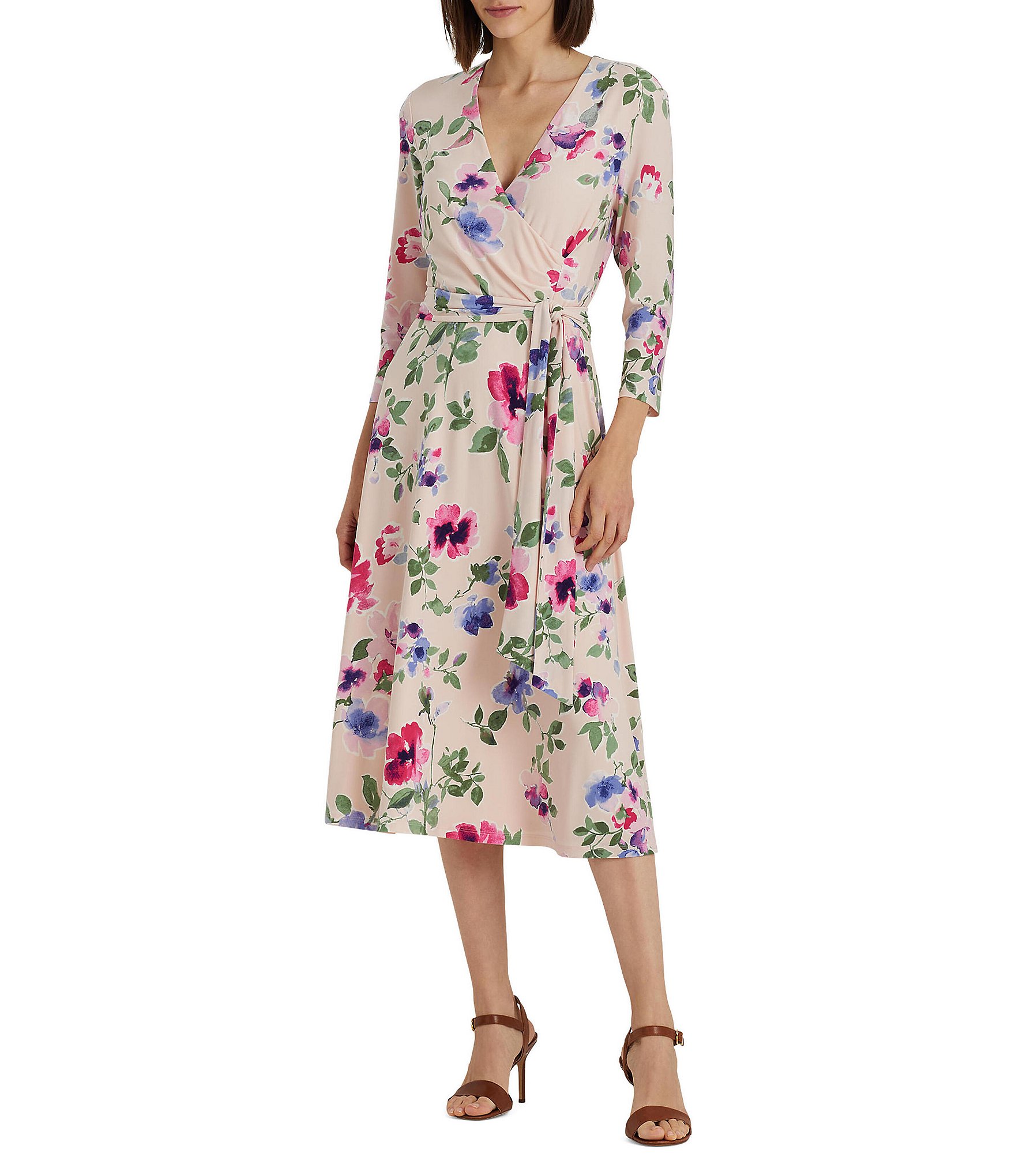 Lauren Ralph Lauren Floral Print V-Neck 3/4 Sleeve Belted Dress | Dillard's