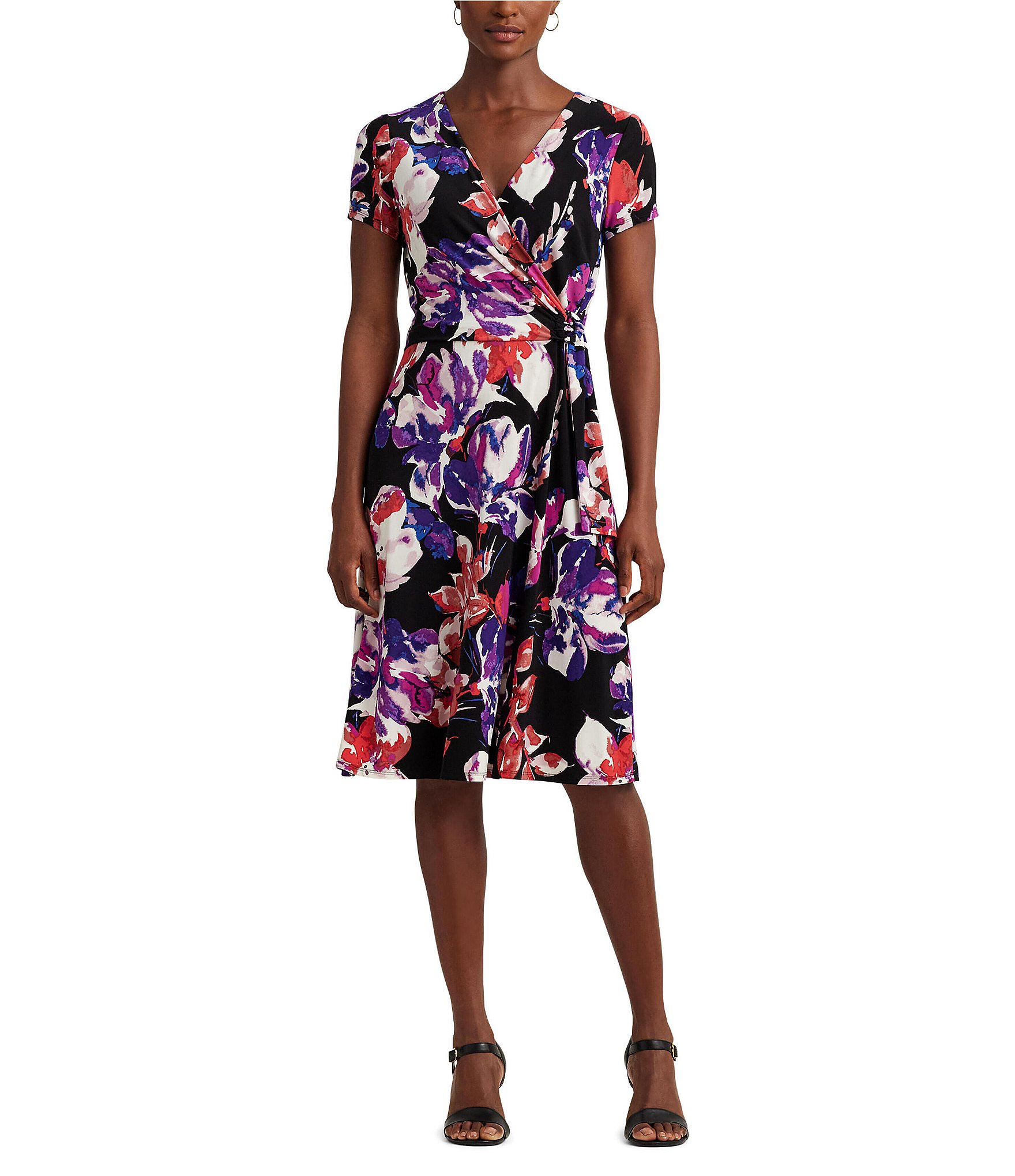 Lauren Ralph Lauren Floral Stretch Jersey Surplice V-Neckline Short Sleeve  Dress | Dillard's