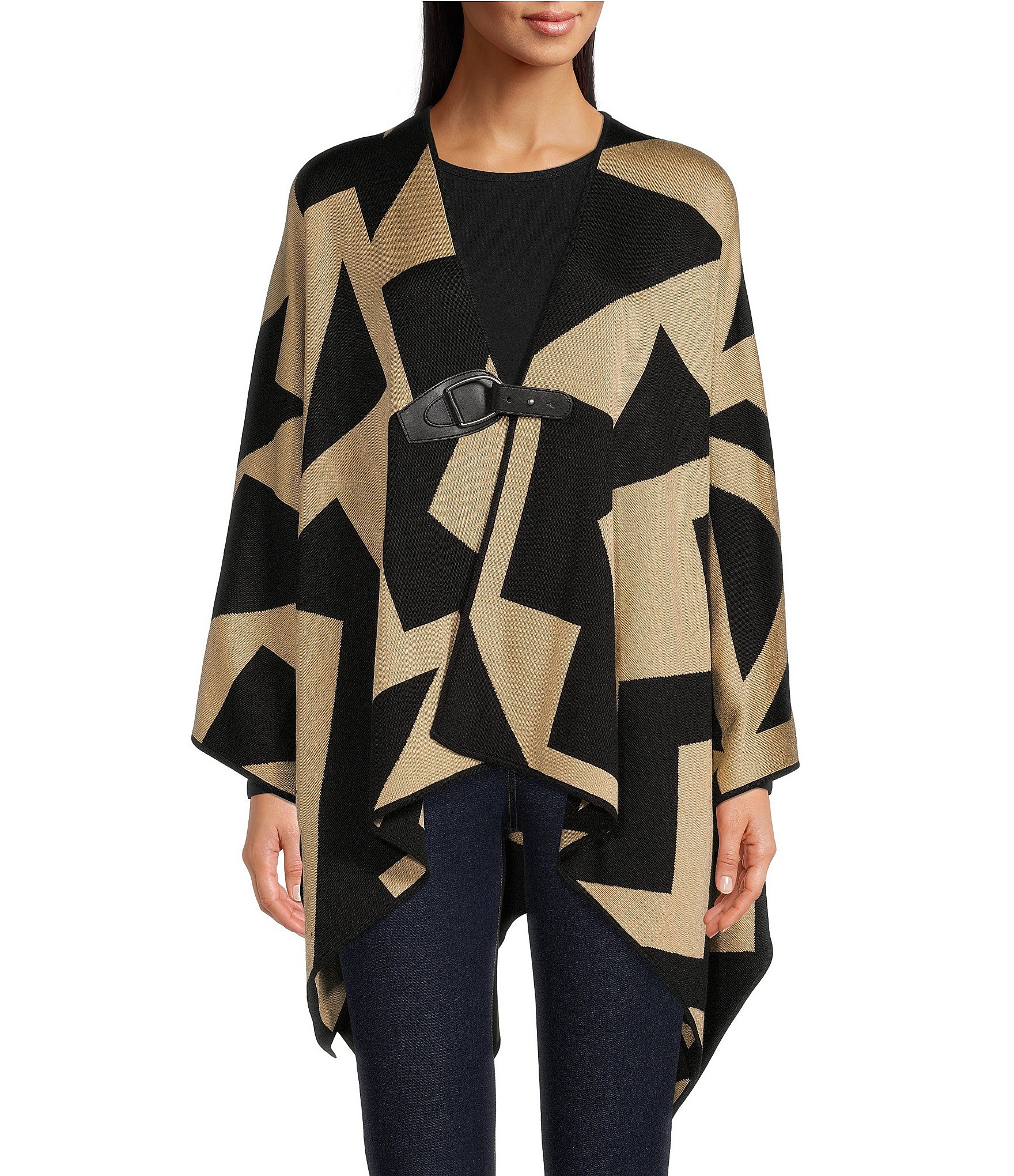 Lauren Ralph Lauren Geometric Print Faux Leather Detail Long Sleeve Poncho  Sweater | Dillard's