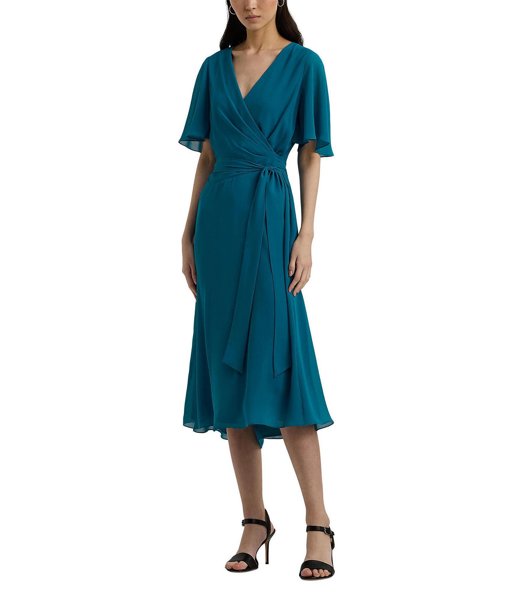 Lauren Ralph Lauren Georgette Surplice V-Neck Short Flutter Sleeve Tie  Waist Midi Dress | Dillard's