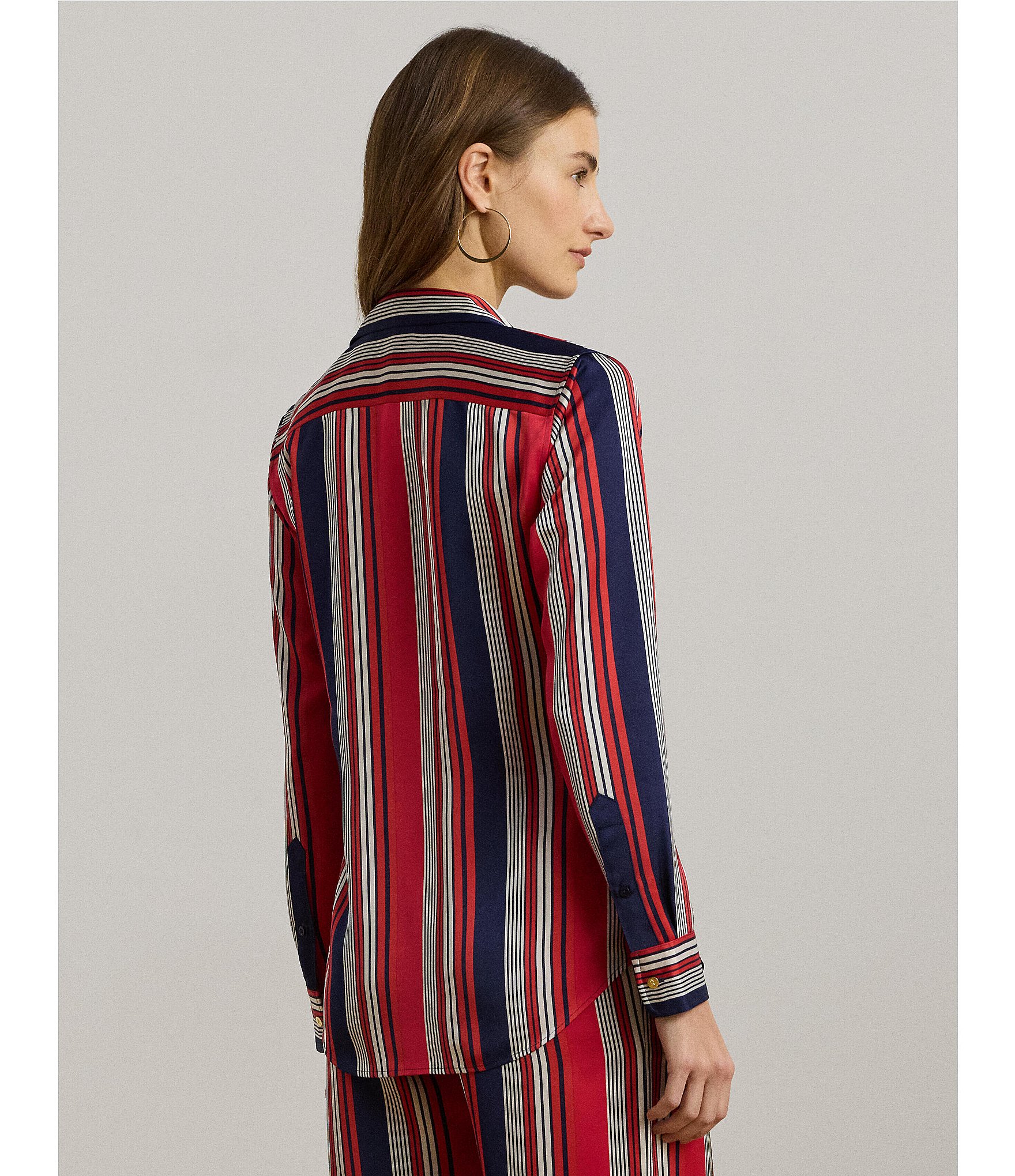Lauren Ralph Lauren Glossy Satin Charmeuse Vertical Striped Spread Collar Long Sleeve Button Front Shirt