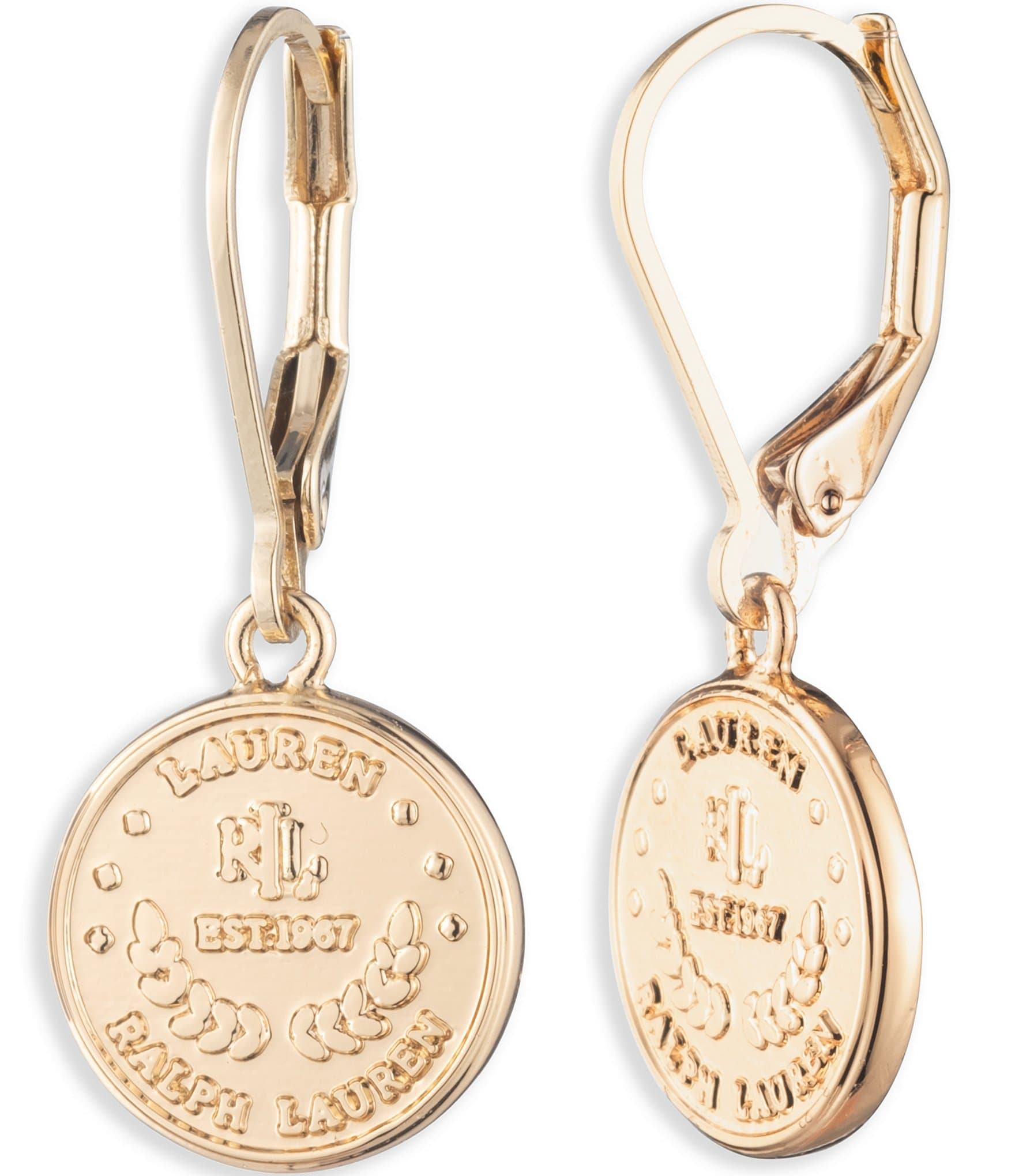 Lauren Ralph Lauren Gold Tone Coin Logo Drop Earrings