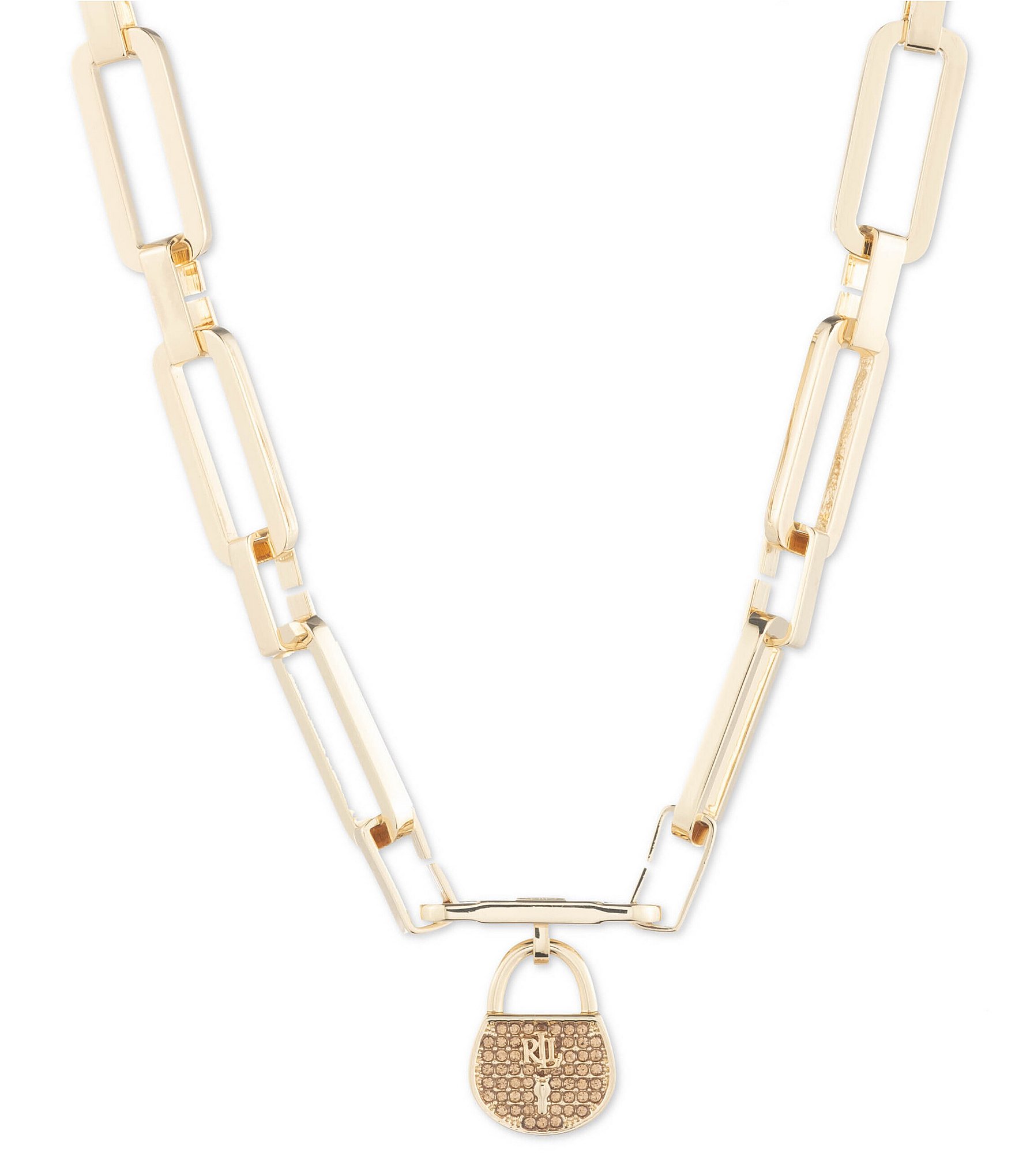 Lauren Ralph Lauren Gold Tone Crystal Padlock Link Collar Necklace ...