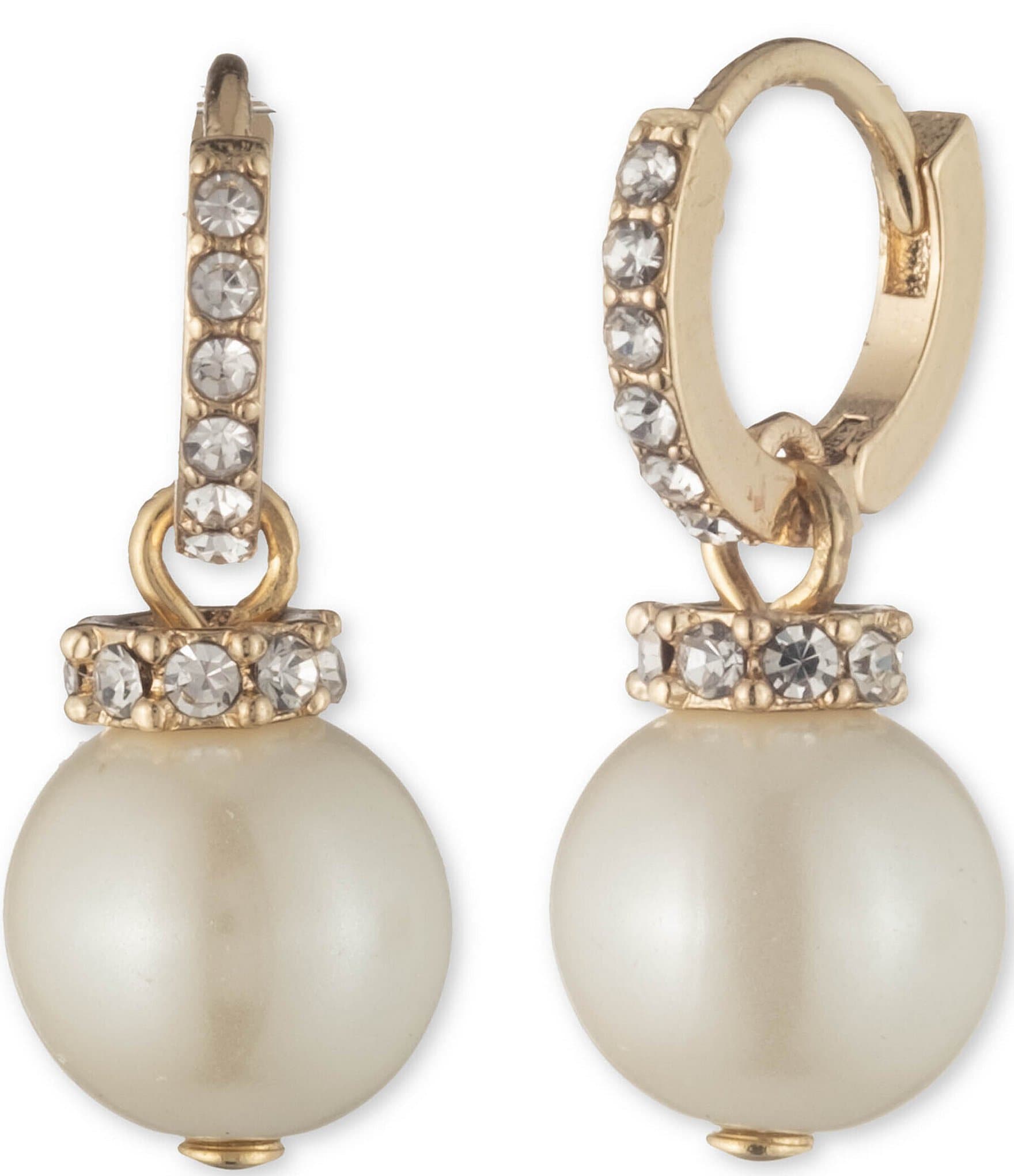 Lauren Ralph Lauren Gold Tone Pearl Crystal Pave Huggie Hoop Earrings ...