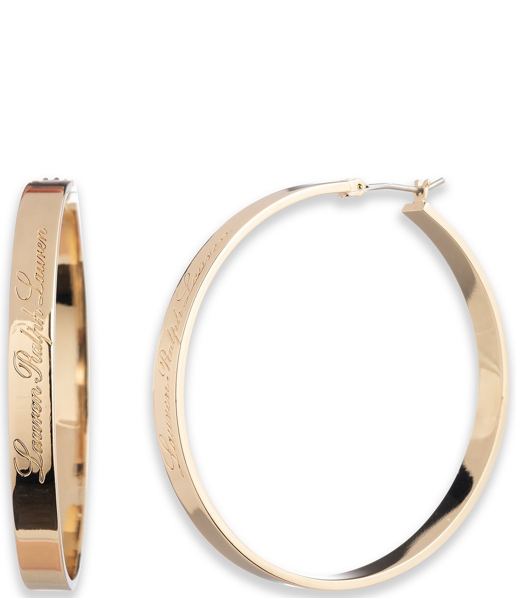 Lauren Ralph Lauren Gold Tone Script Logo Hoop Earrings