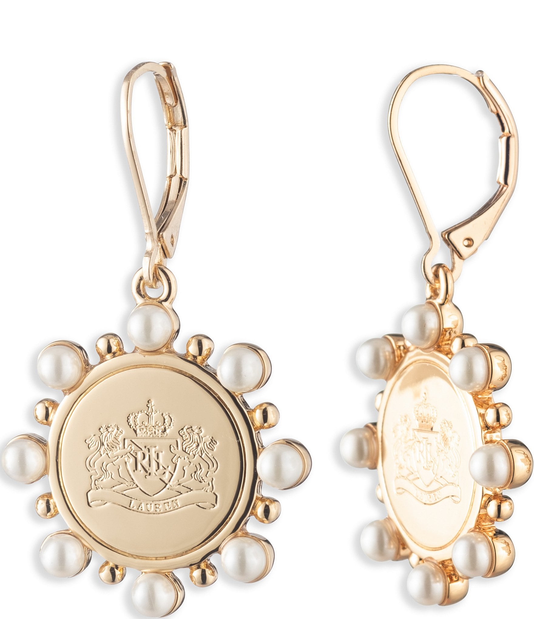 Lauren Ralph Lauren Gold Tone White Pearl Coin Drop Earrings