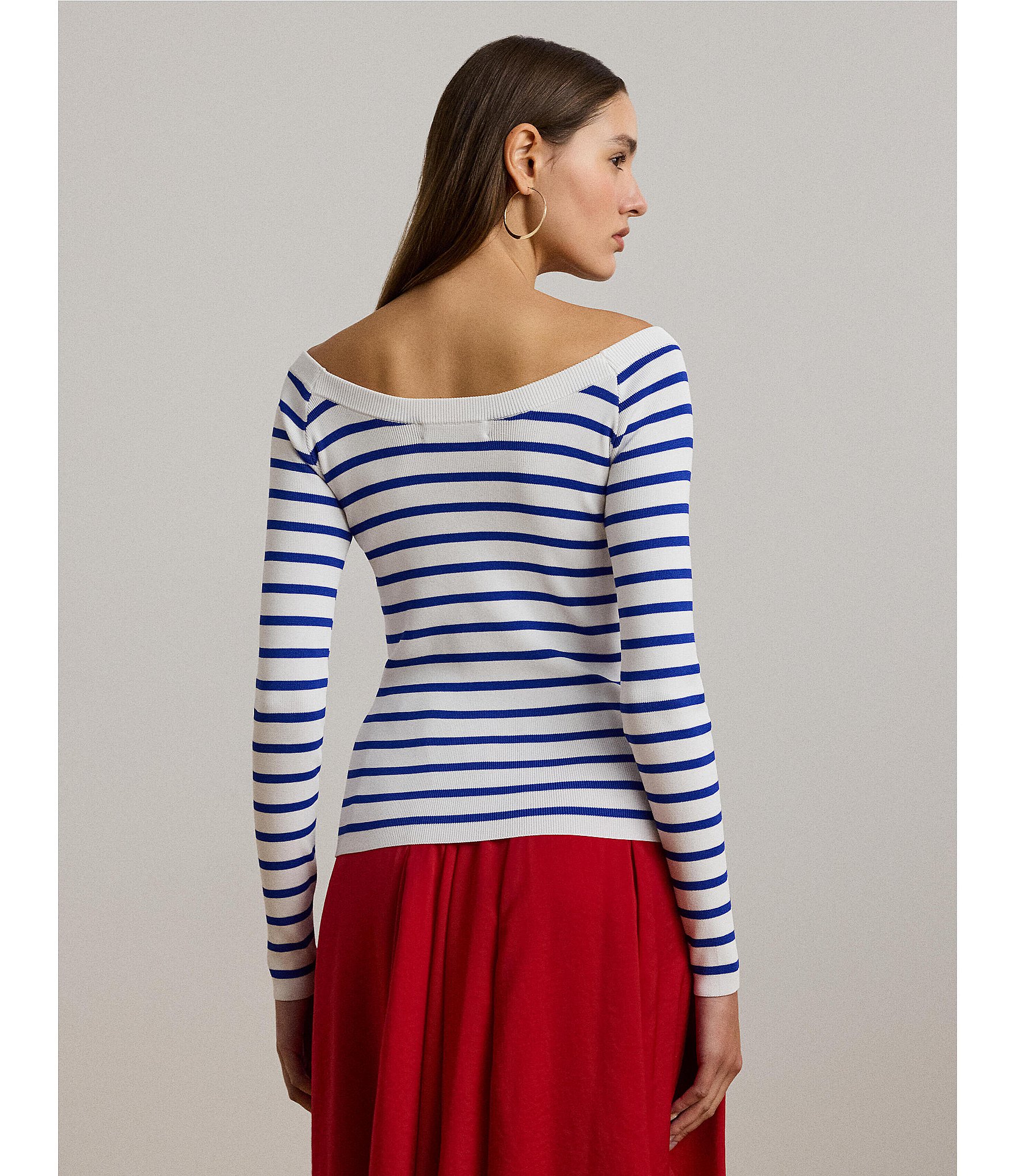 Lauren Ralph Lauren Horizontal Striped Ribbed Ballet Neck Long Raglan Sleeve Sweater