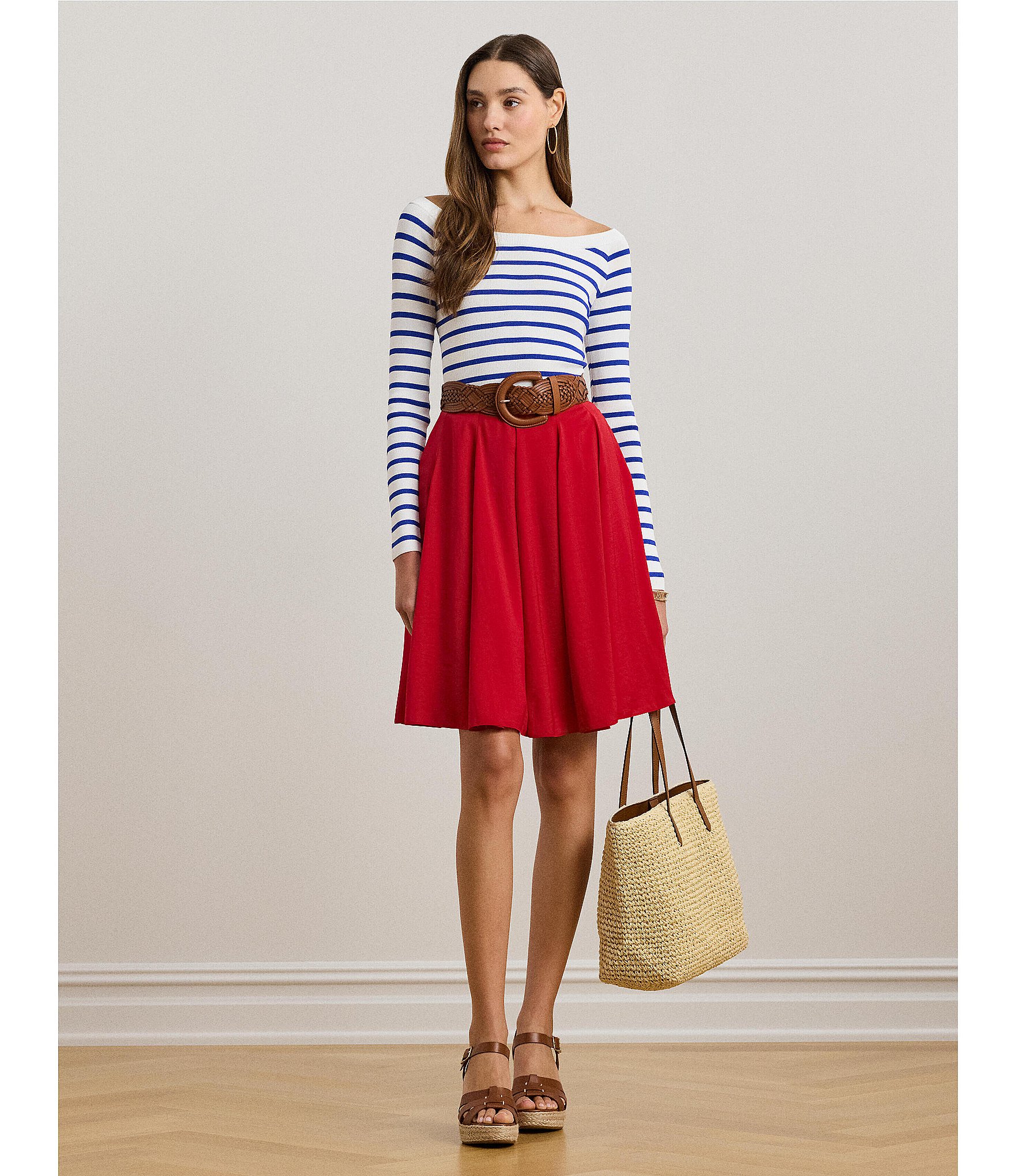 Lauren Ralph Lauren Horizontal Striped Ribbed Ballet Neck Long Raglan Sleeve Sweater