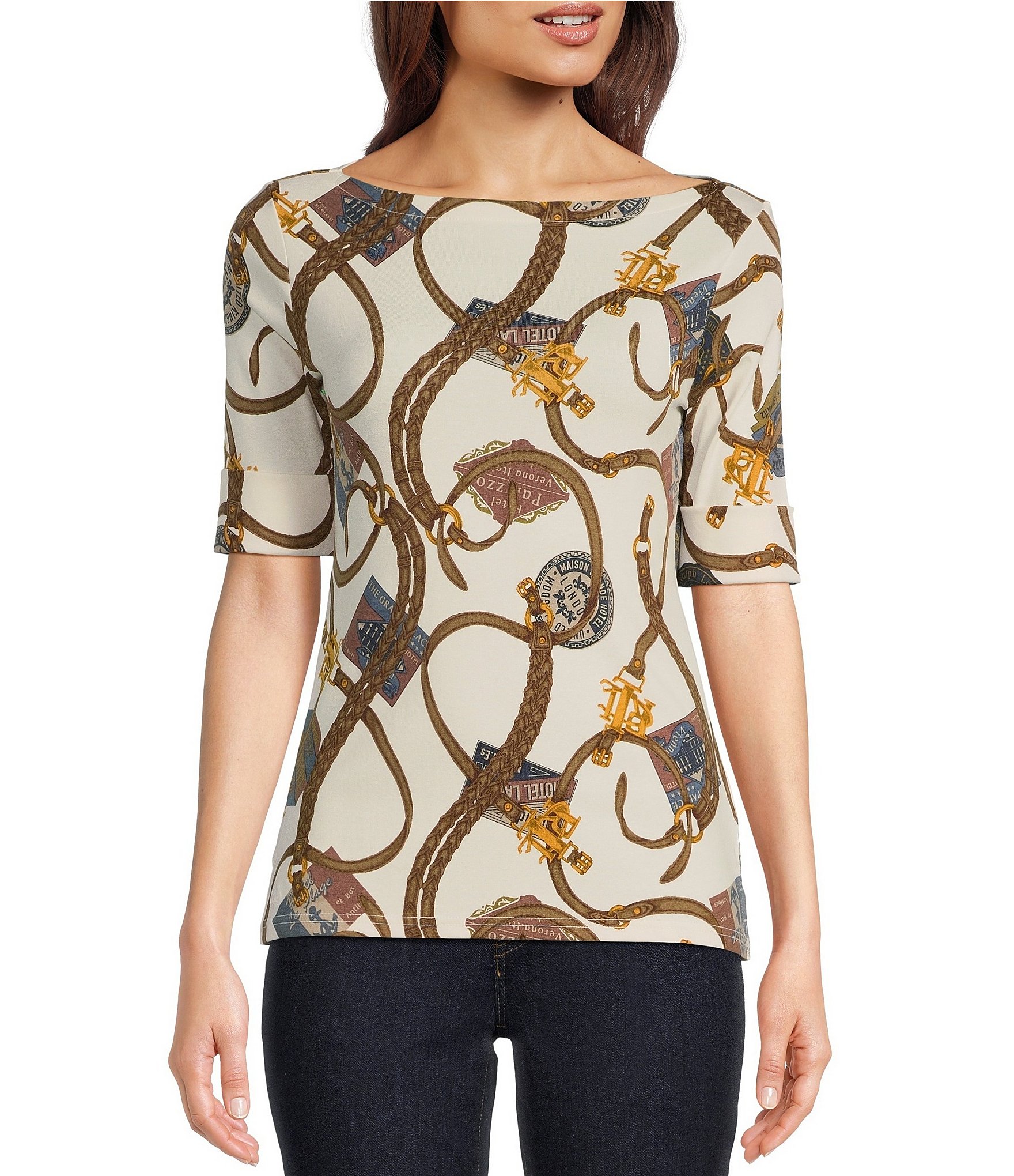 Lauren Ralph Lauren Judy Belting Print Travel Motif Stretch Knit Boat ...