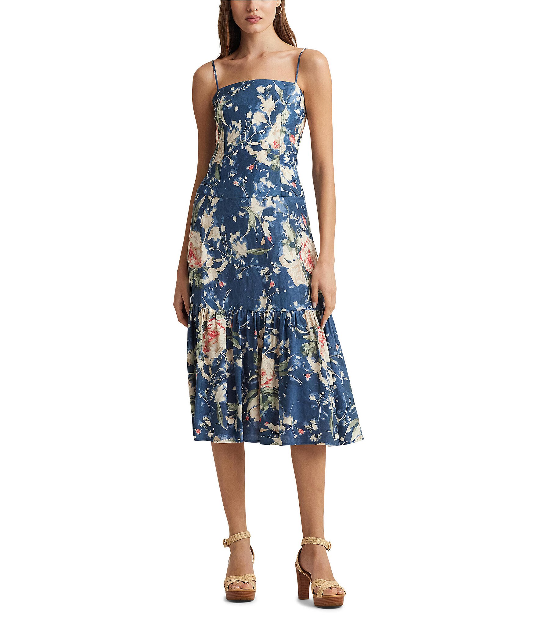 Lauren Ralph Lauren Kalismae Linen-Blend Floral Square Neck A-Line ...