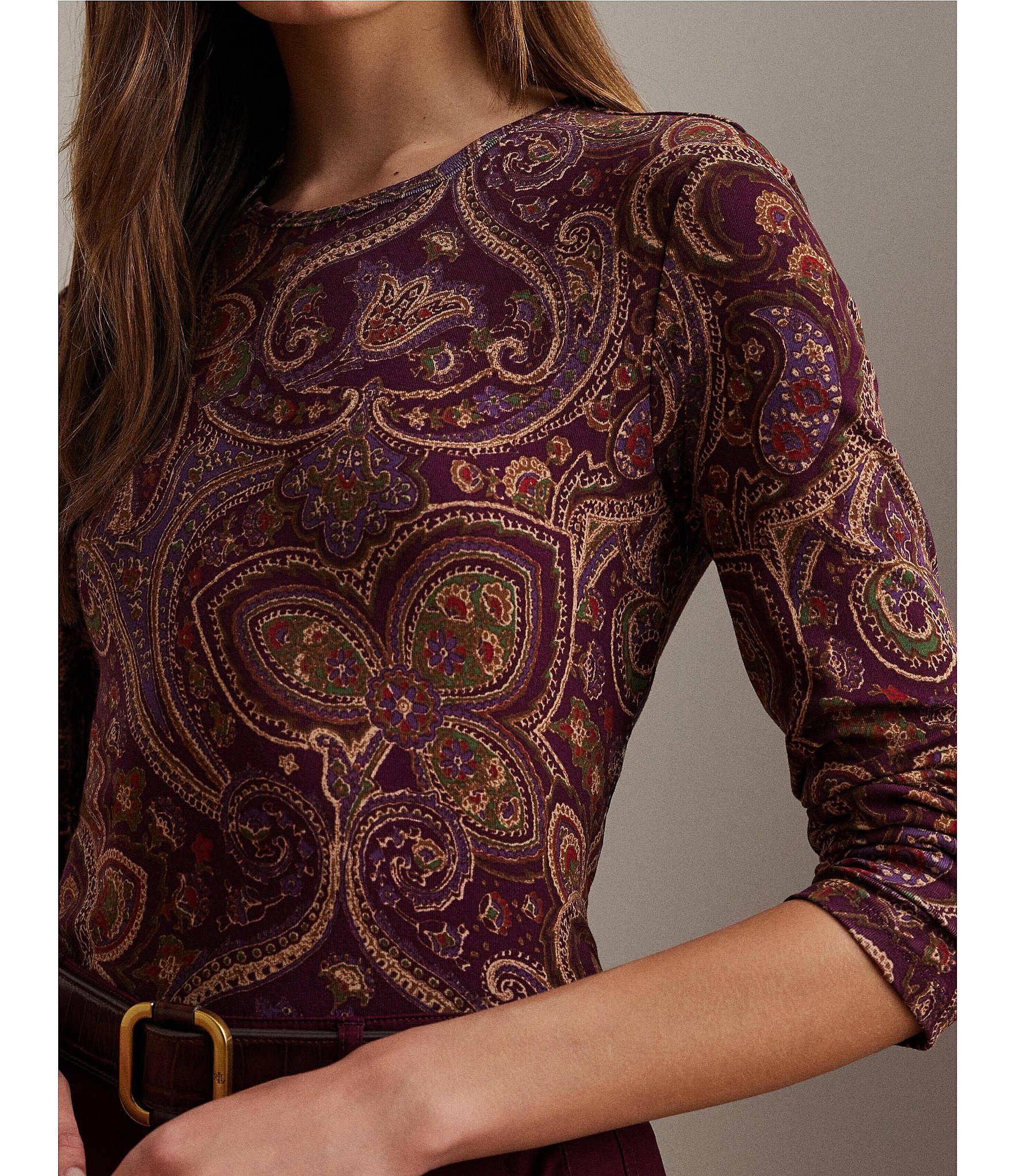 Lauren Ralph Lauren Paisley Stretch Crew Neck Long Sleeve Tee Shirt