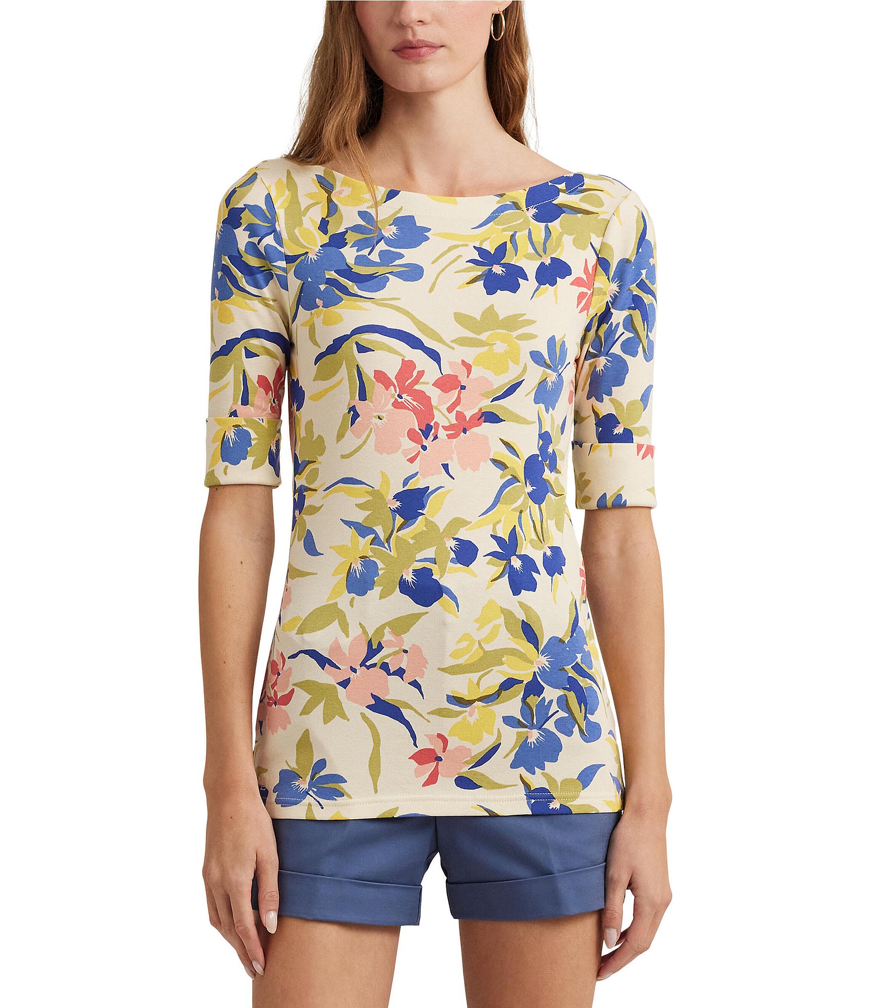 Lauren Ralph Lauren Knit Floral Boat Neck Elbow Length Sleeve Tee