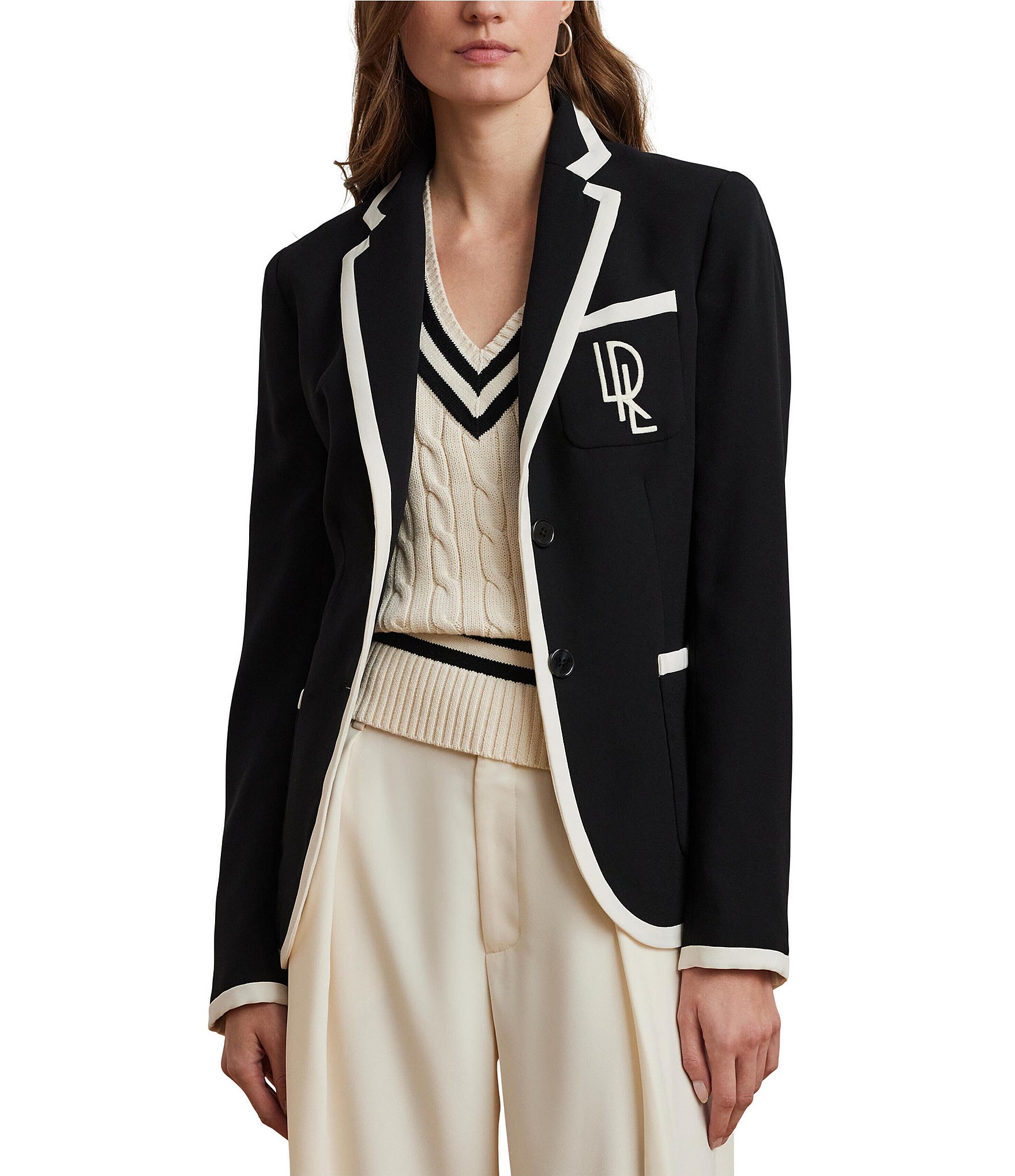 Lauren Ralph Lauren Knit Two-Tone Georgette Notch Lapel Long