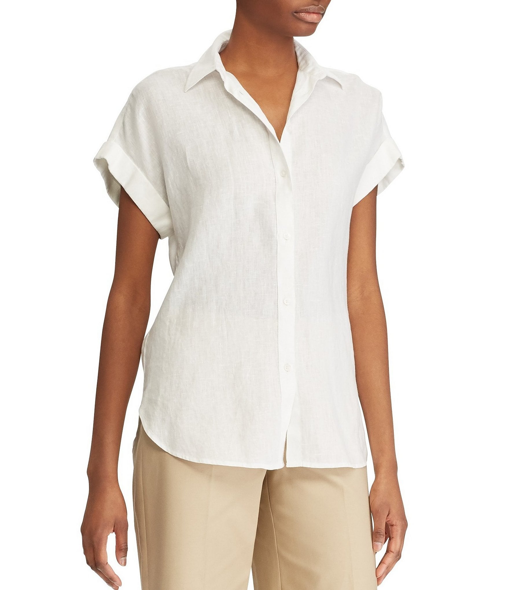 Lauren Ralph Lauren Linen Point Collar Short Dolman Sleeve Shirt | Dillard's