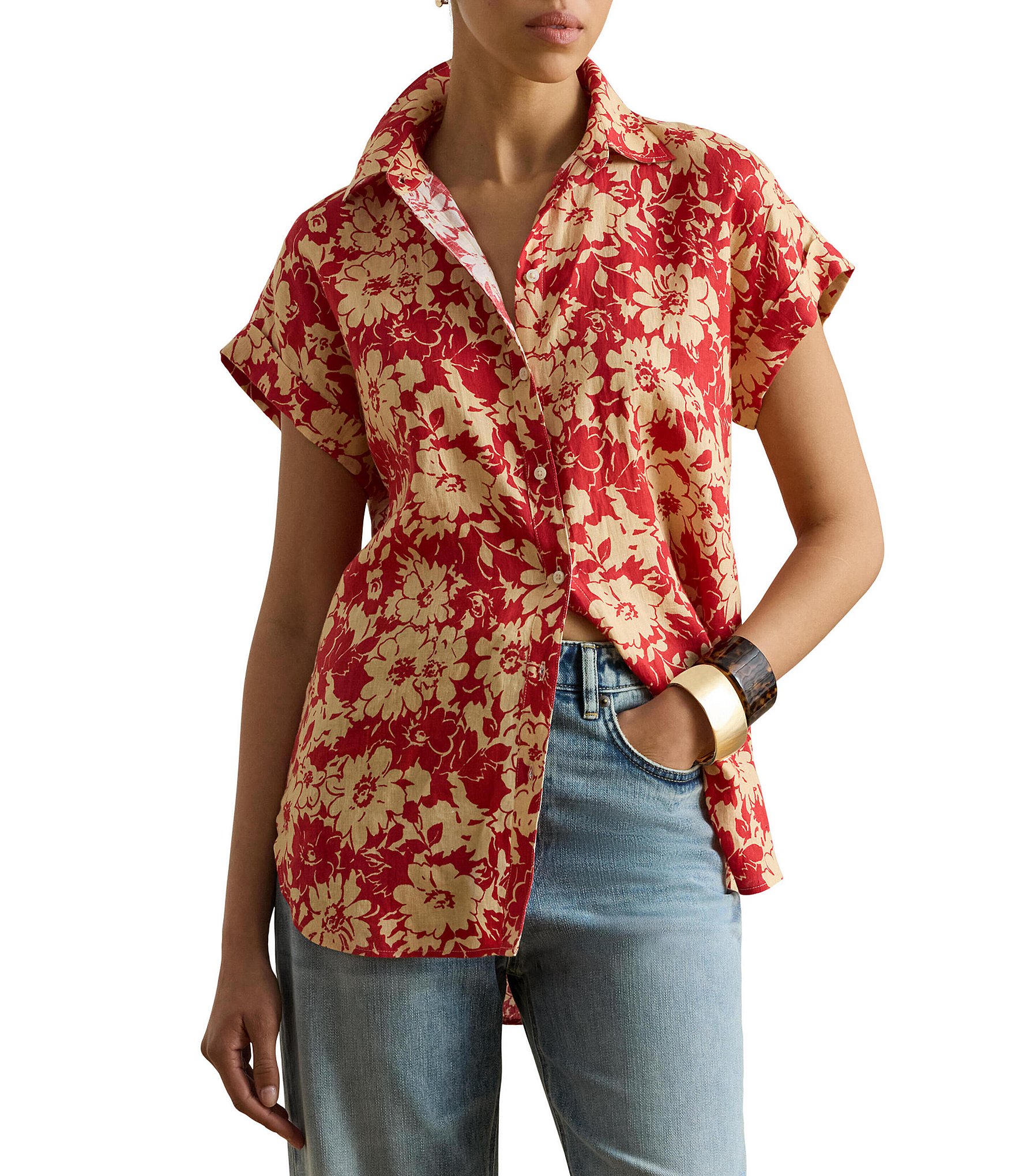 Lauren Ralph Lauren Linen Floral Point Collar Short Sleeve Button Front Shirt