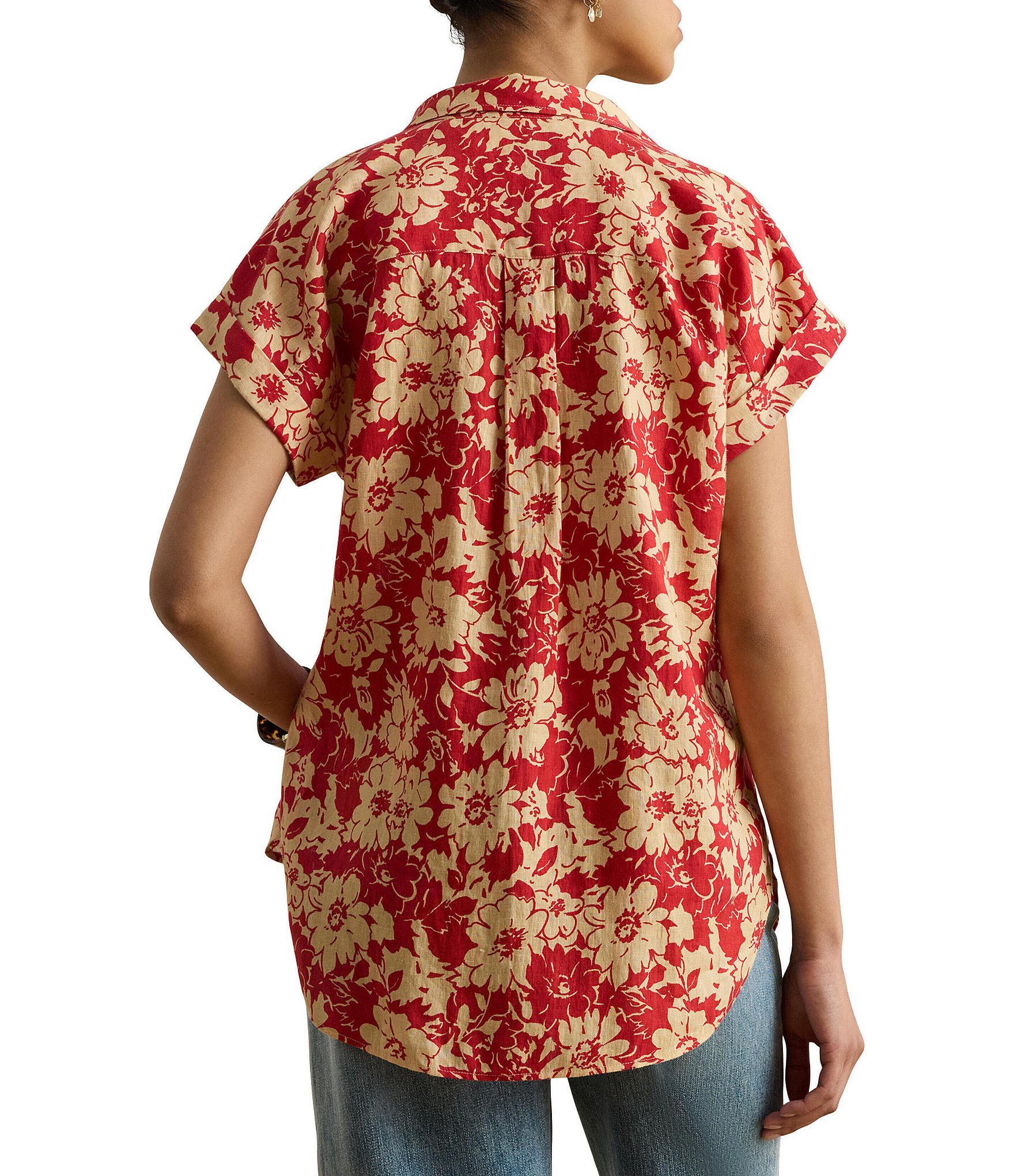 Lauren Ralph Lauren Linen Floral Point Collar Short Sleeve Button Front Shirt