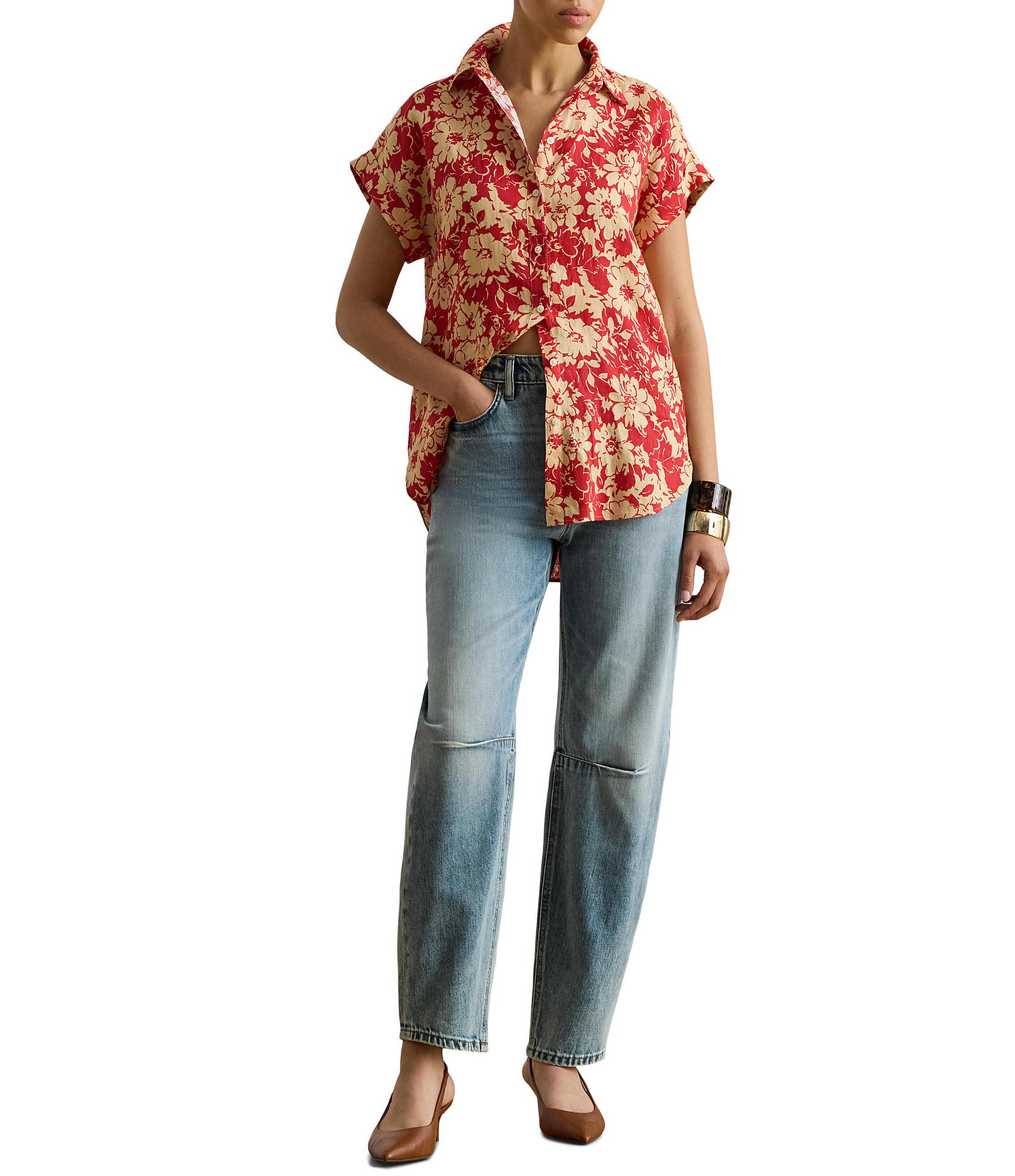 Lauren Ralph Lauren Linen Floral Point Collar Short Sleeve Button Front Shirt