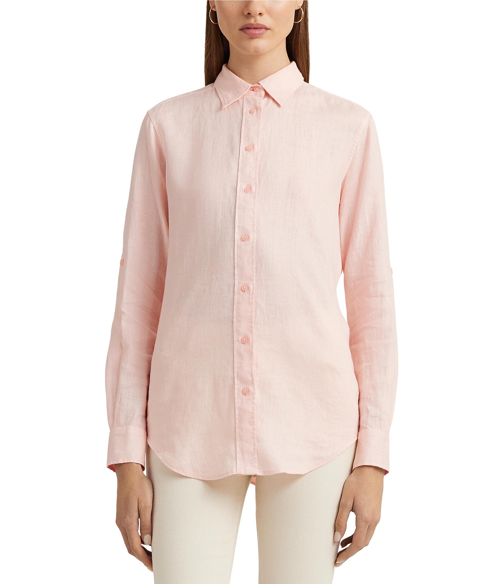 Lauren Ralph Lauren Women's Roll Tab Sleeve Linen Shirt, Pink, Medium