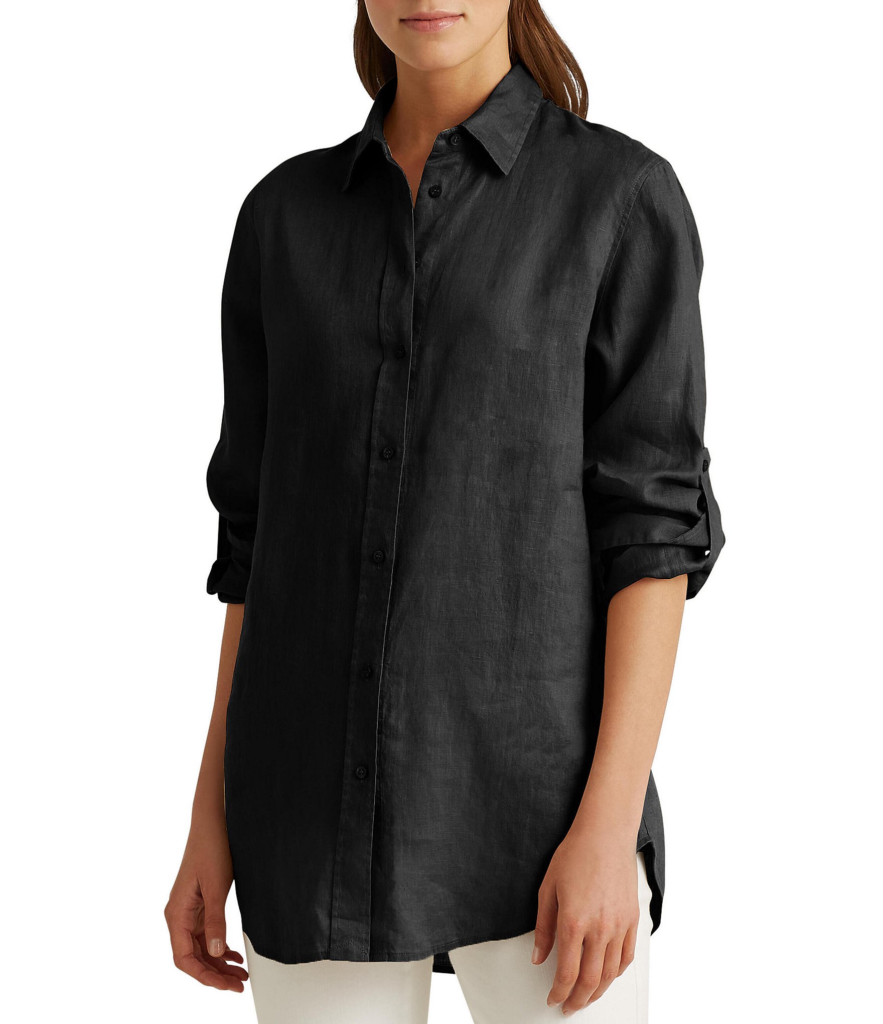 Lauren Ralph Lauren Point Collar Long Roll-Tab Sleeve Button Front Linen  Shirt | Dillard's