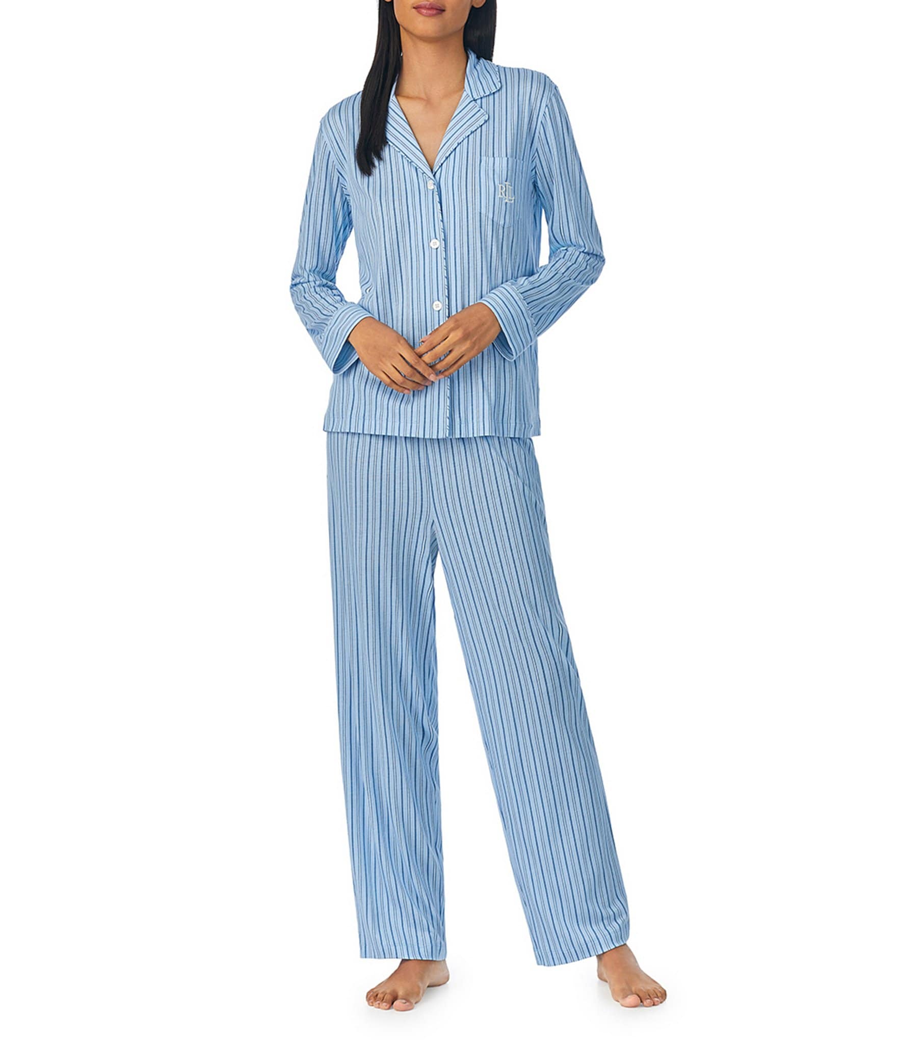 Lauren Ralph Lauren Long Sleeve Notch Collar Long Pant Knit Striped Pajama Set, Womens, XL, Blue Stripe