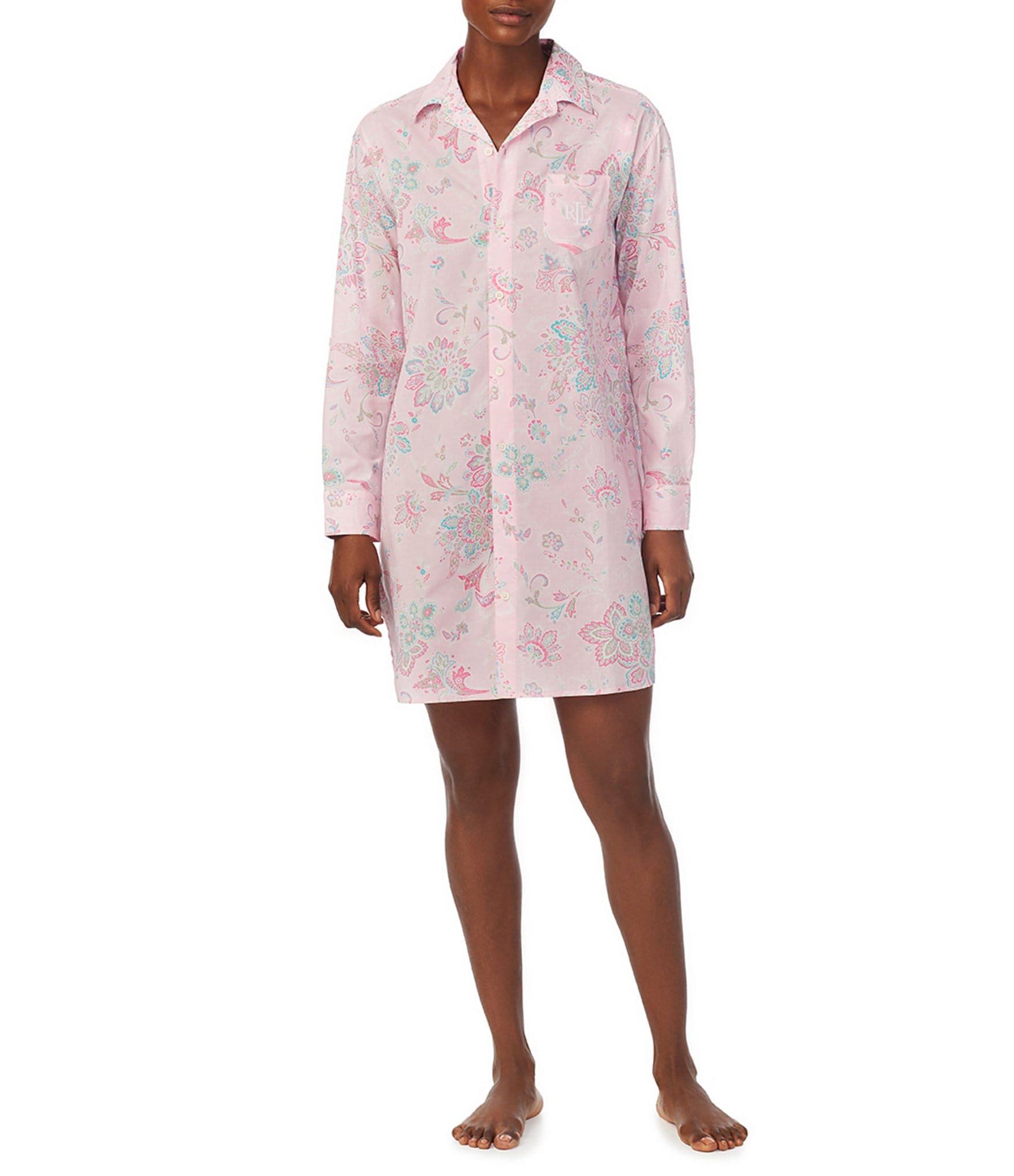 Lauren Ralph Lauren Long Sleeve Notch Collar Button-Front Woven Paisley Nightshirt