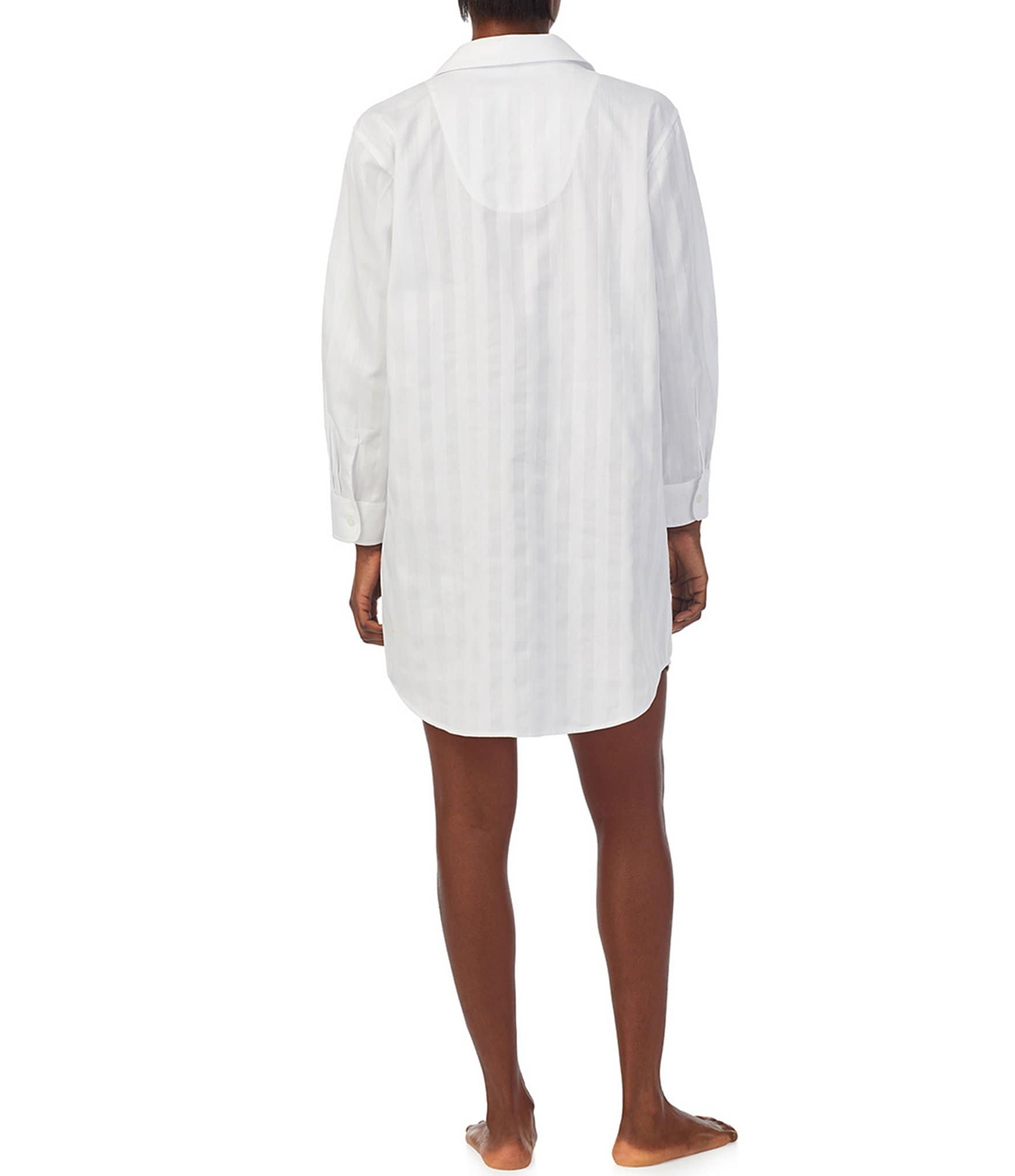 Lauren Ralph Lauren Long Sleeve Notch Collar Button-Front Woven Shadow Stripe Nightshirt