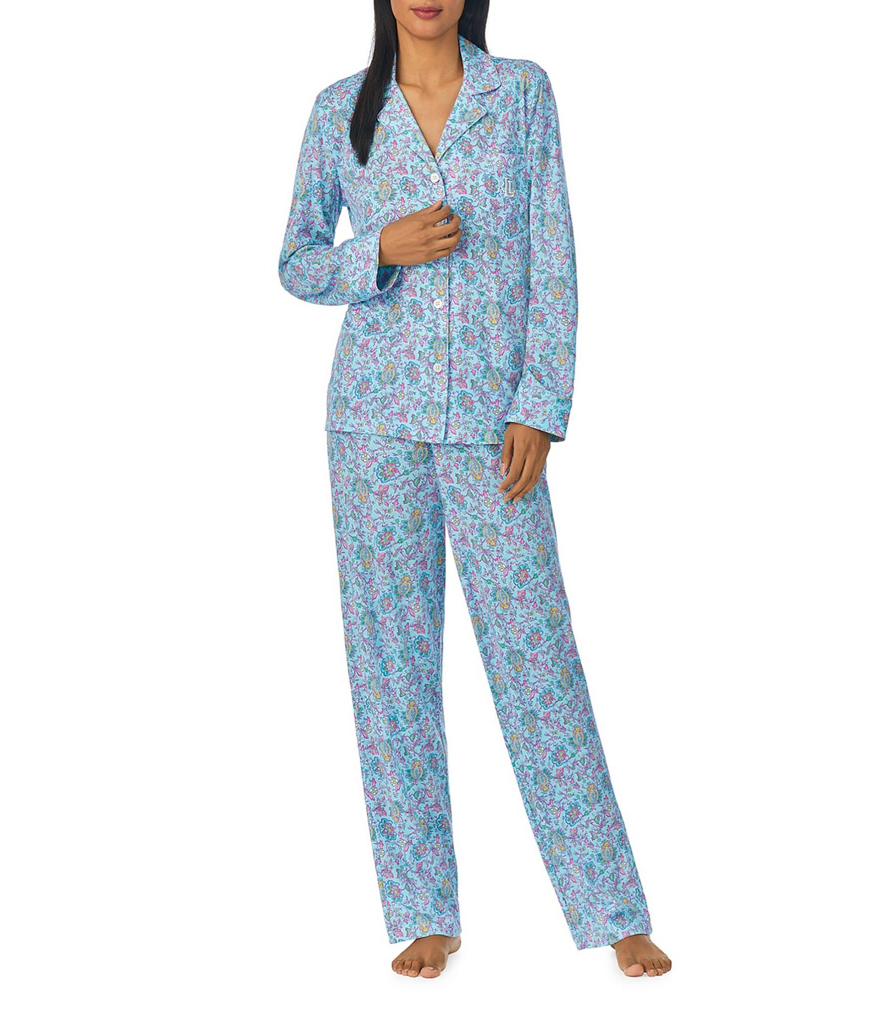 Lauren Ralph Lauren Paisley Print Long Sleeve Notch Collar Woven Pajama Set  | Dillard's