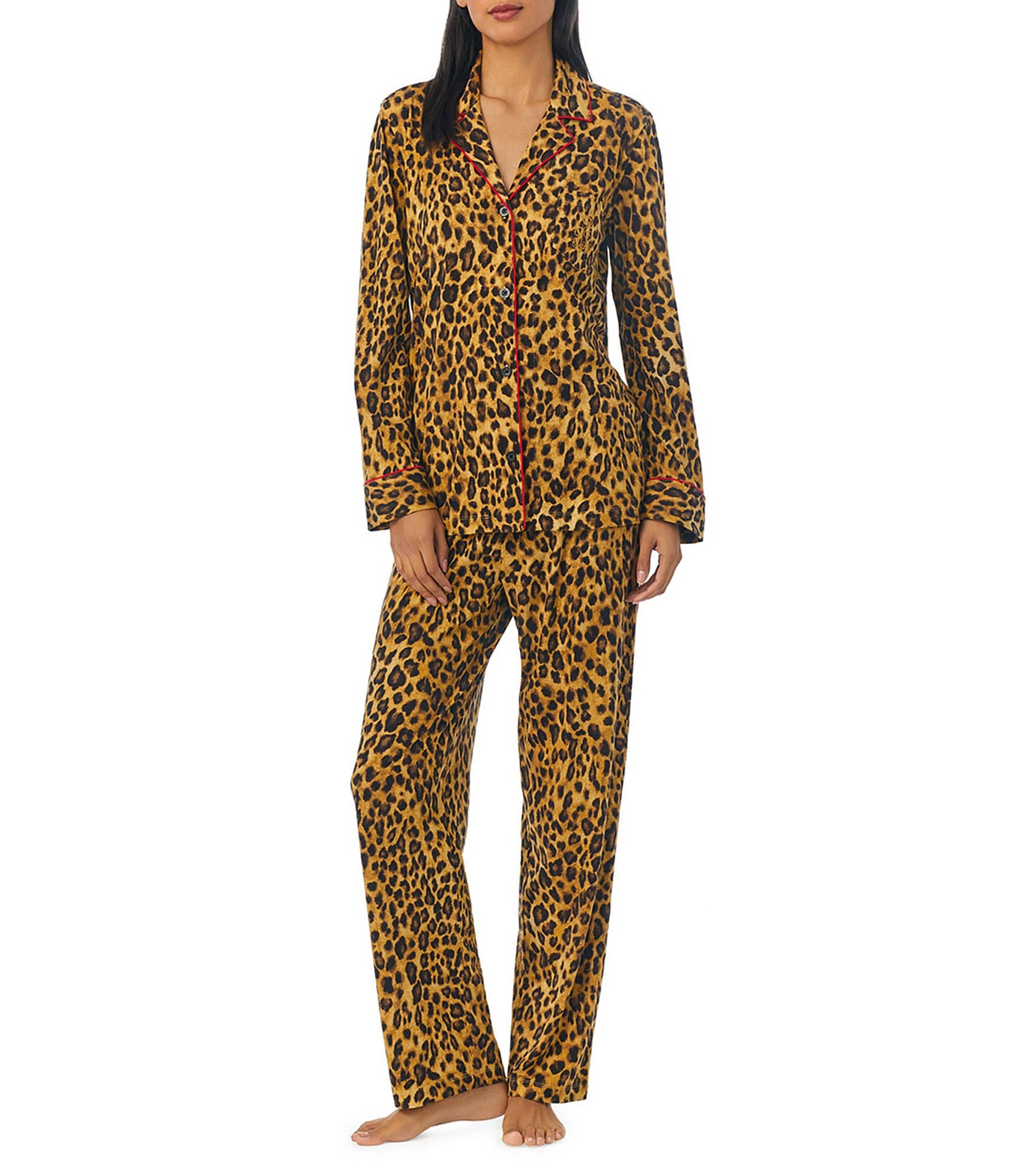 Lauren Ralph Lauren Long Sleeve Notch Collar Long Pant Knit Leopard Print  Holiday Pajama Set