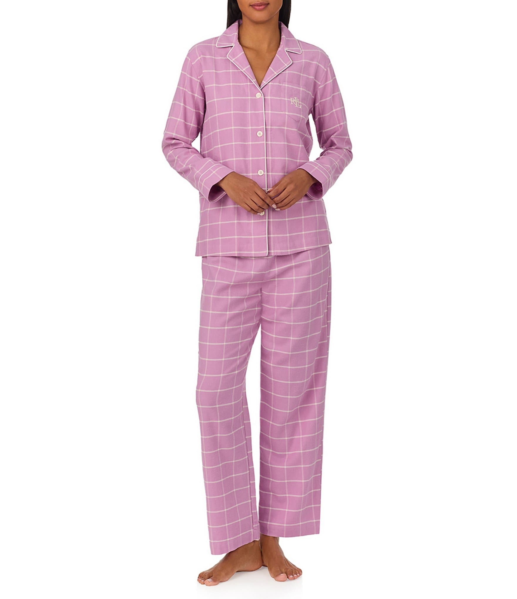 Lauren Ralph Lauren Long Sleeve Notch Collar Long Pant Twill Plaid Pajama Set