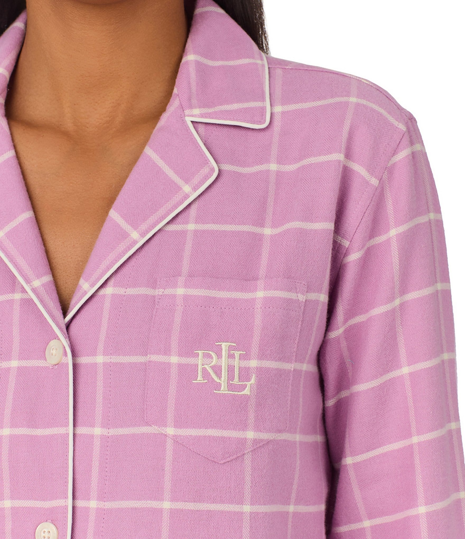 Lauren Ralph Lauren Long Sleeve Notch Collar Long Pant Twill Plaid Pajama Set