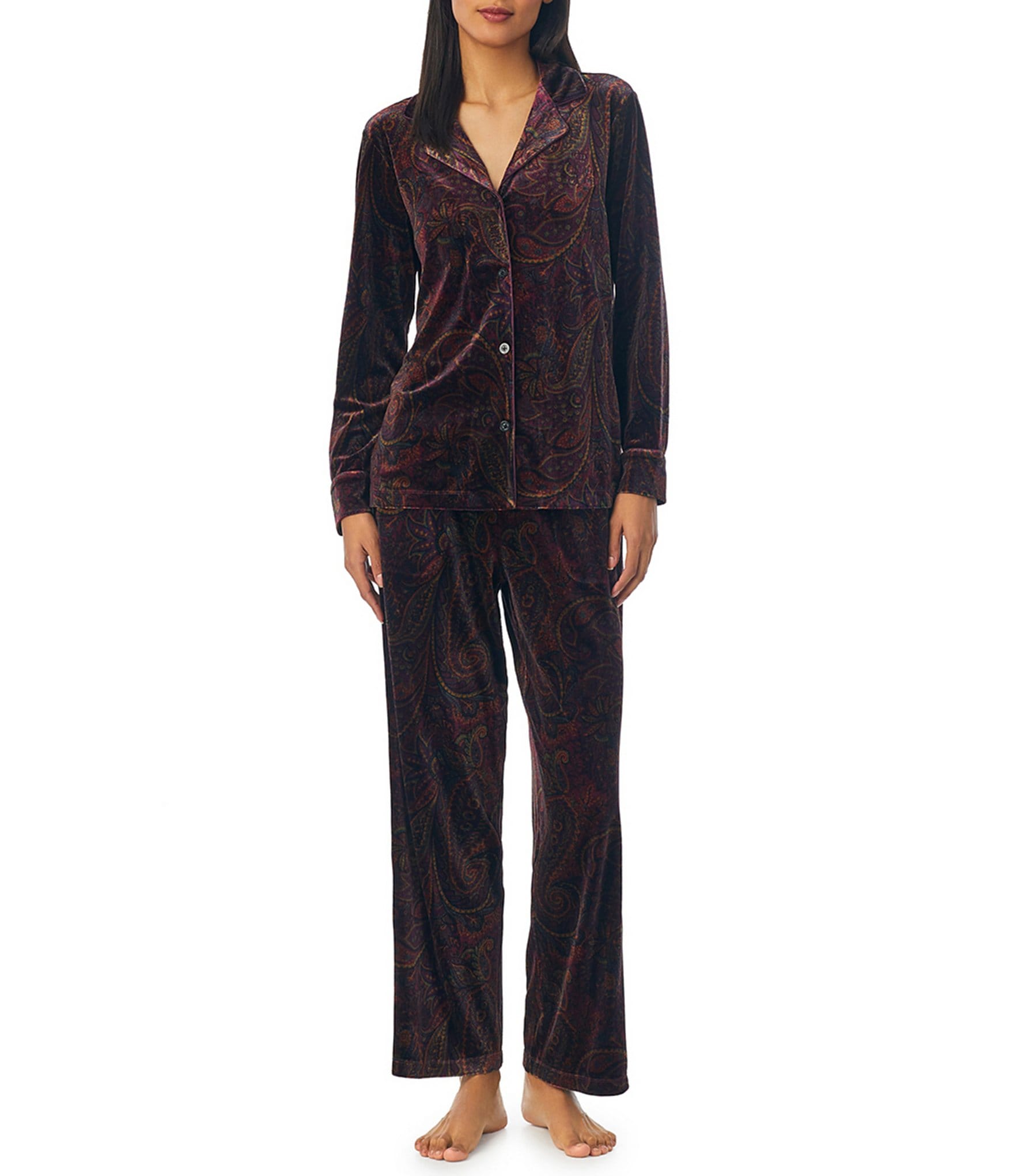 Lauren Ralph Lauren Long Sleeve Notch Collar Long Pant Velvet Paisley Print  Pajama Set