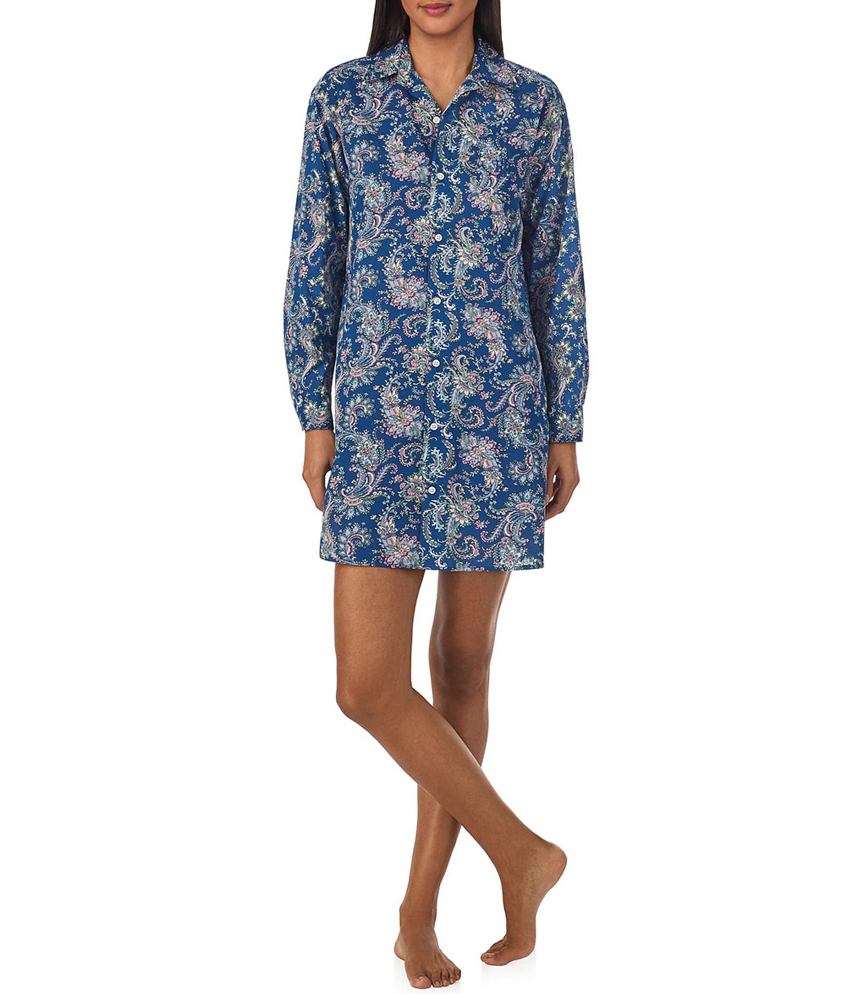 Lauren Ralph Lauren Long Sleeve Notch Collar Woven Paisley Print Sleepshirt