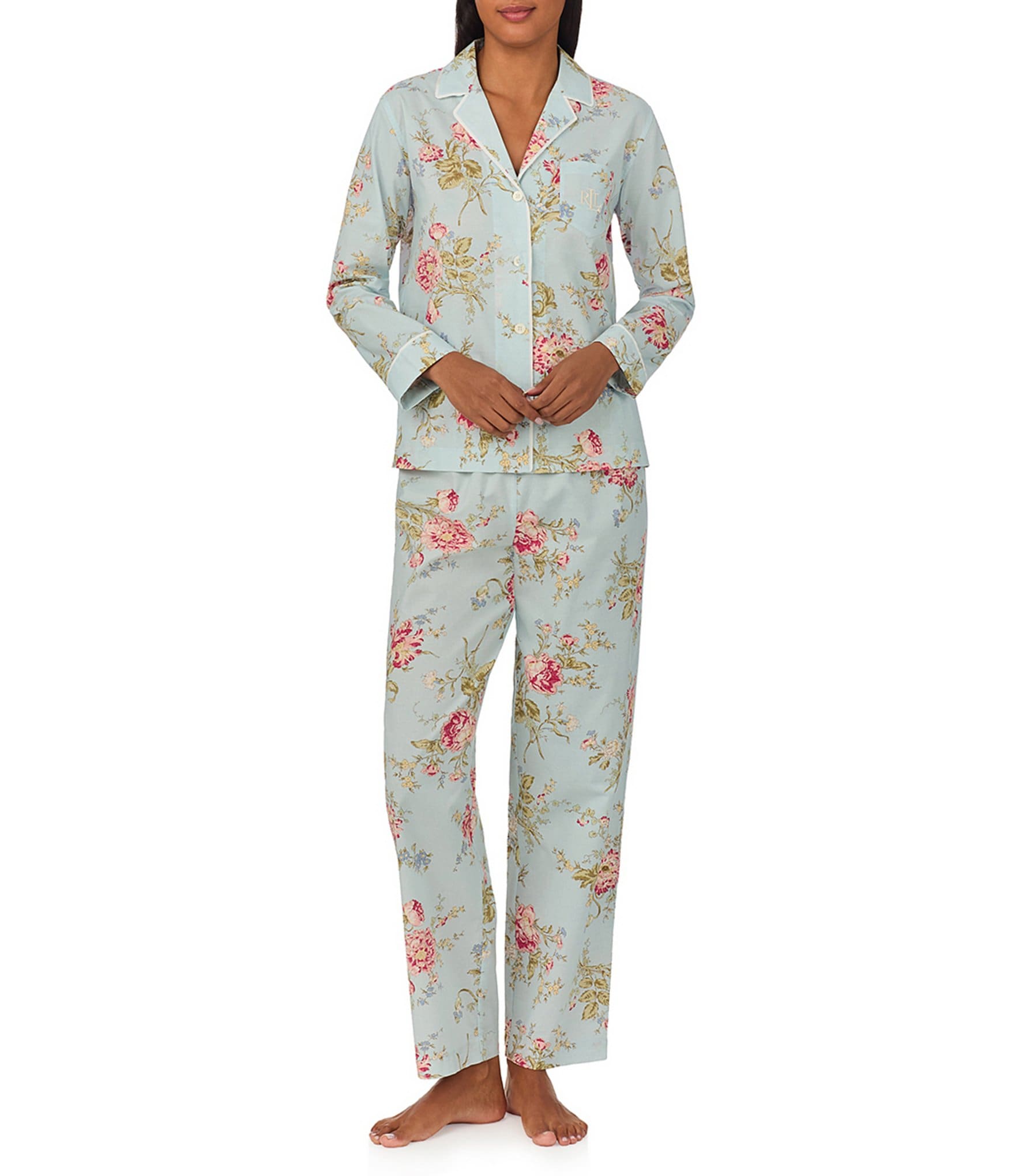 Lauren Ralph Lauren Long Sleeve Notch Collar Woven Sateen Floral Pajama Set