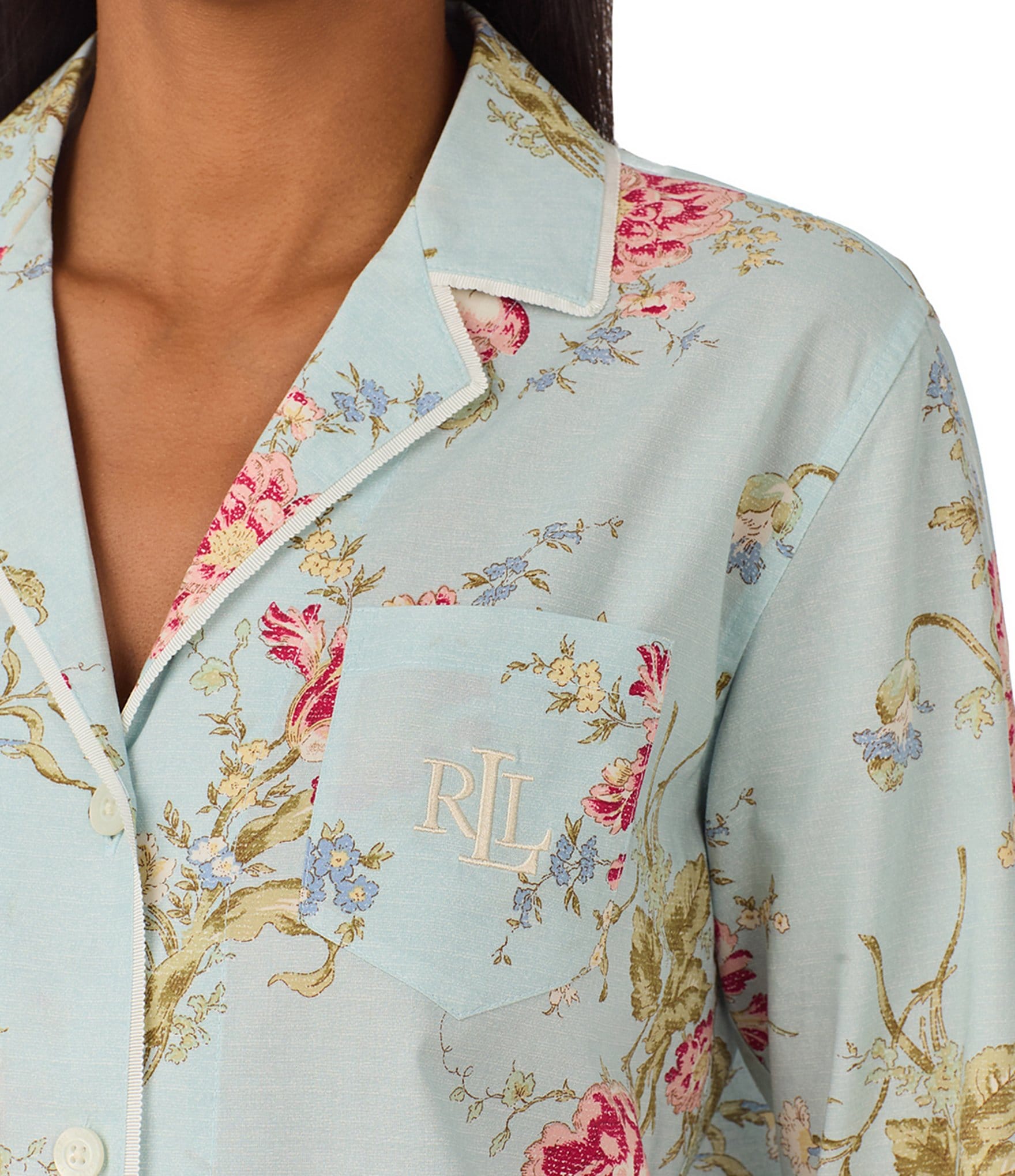 Lauren Ralph Lauren Long Sleeve Notch Collar Woven Sateen Floral Pajama Set