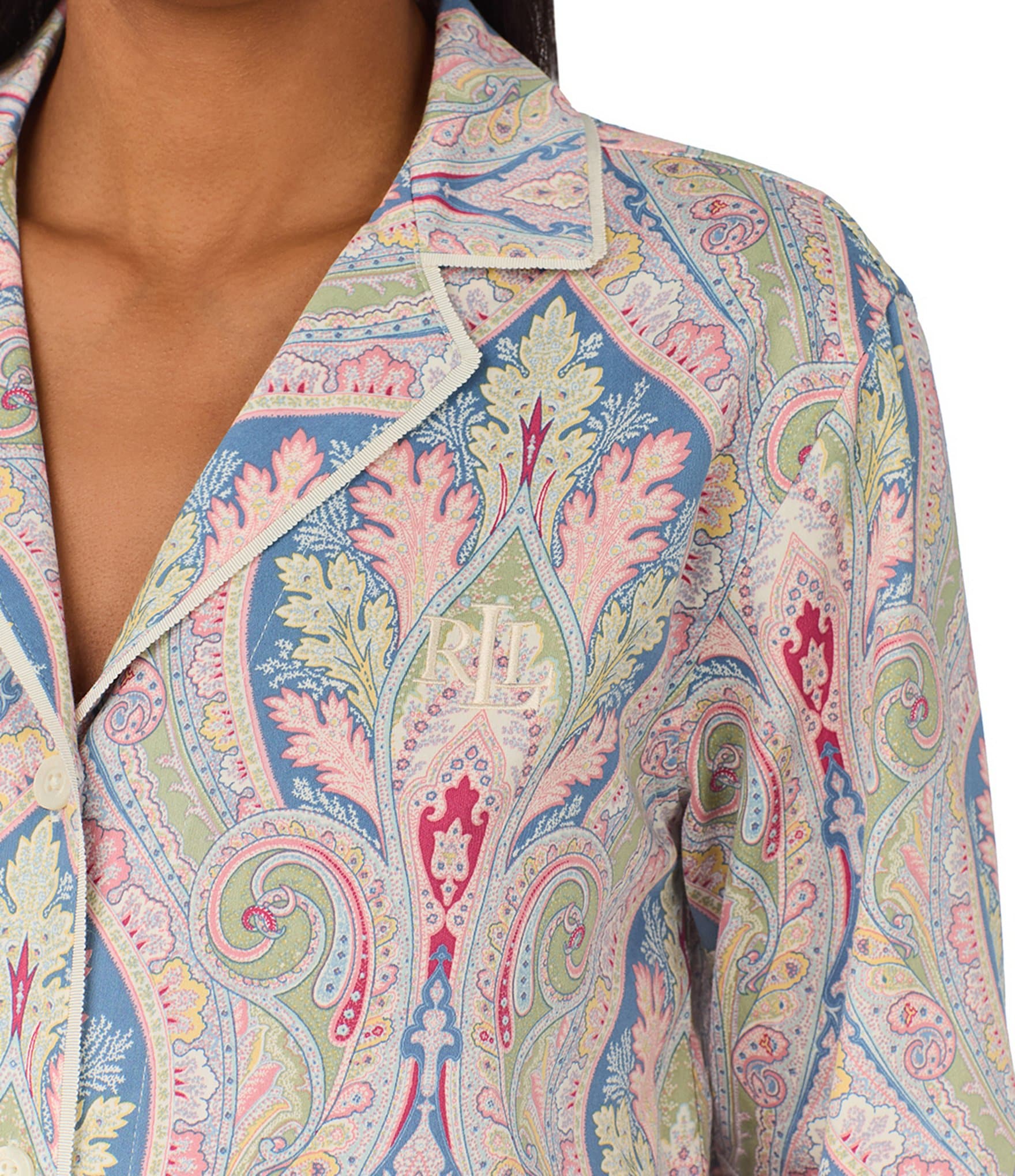 Lauren Ralph Lauren Long Sleeve Notch Collar Woven Sateen Paisley Nightshirt