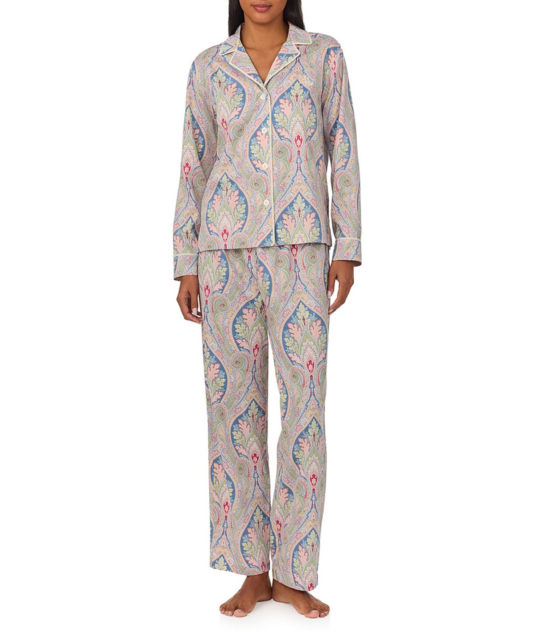 Lauren Ralph Lauren Long Sleeve Notch Collar Woven Sateen Paisley Pajama Set