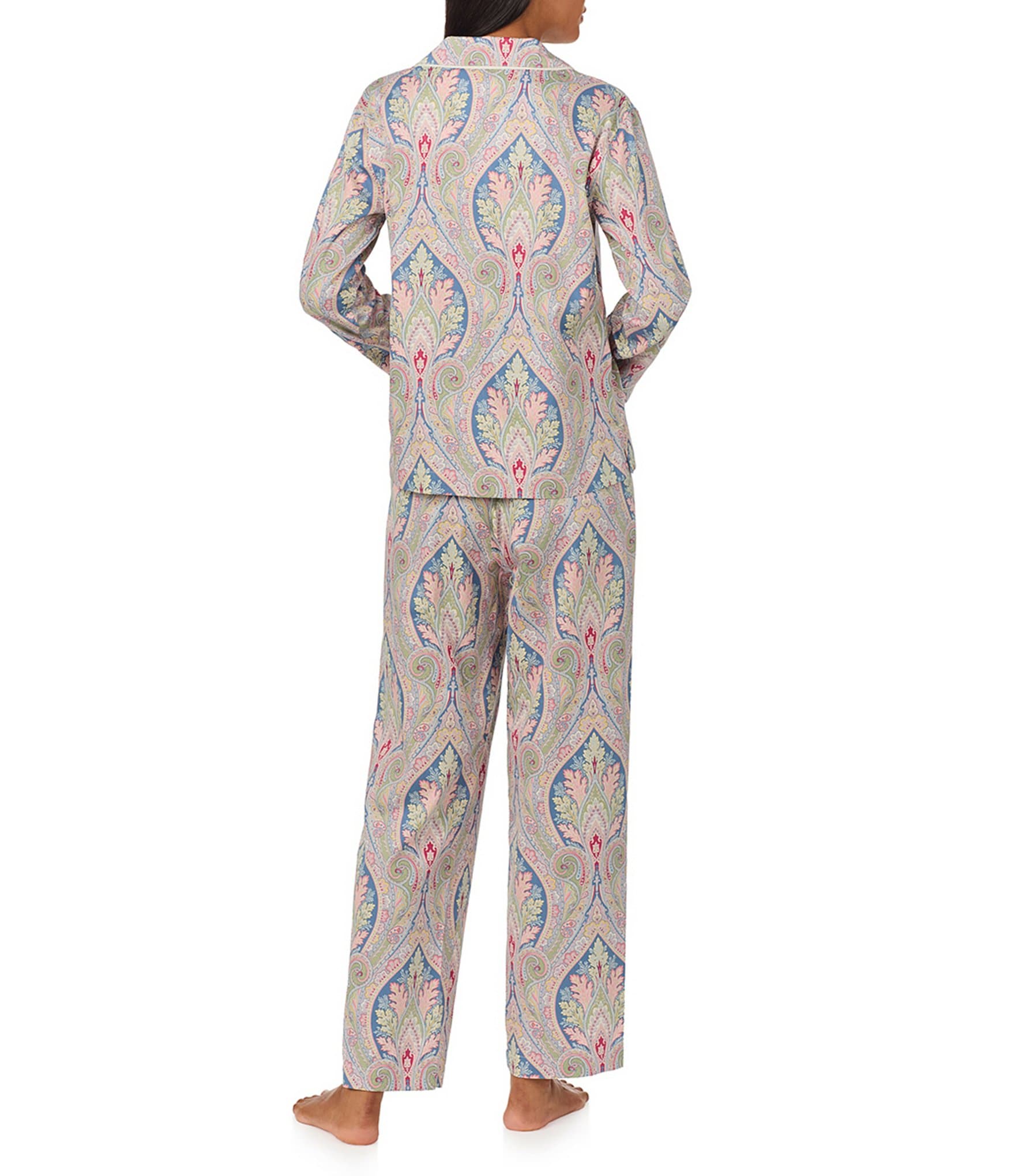 Lauren Ralph Lauren Long Sleeve Notch Collar Woven Sateen Paisley Pajama Set