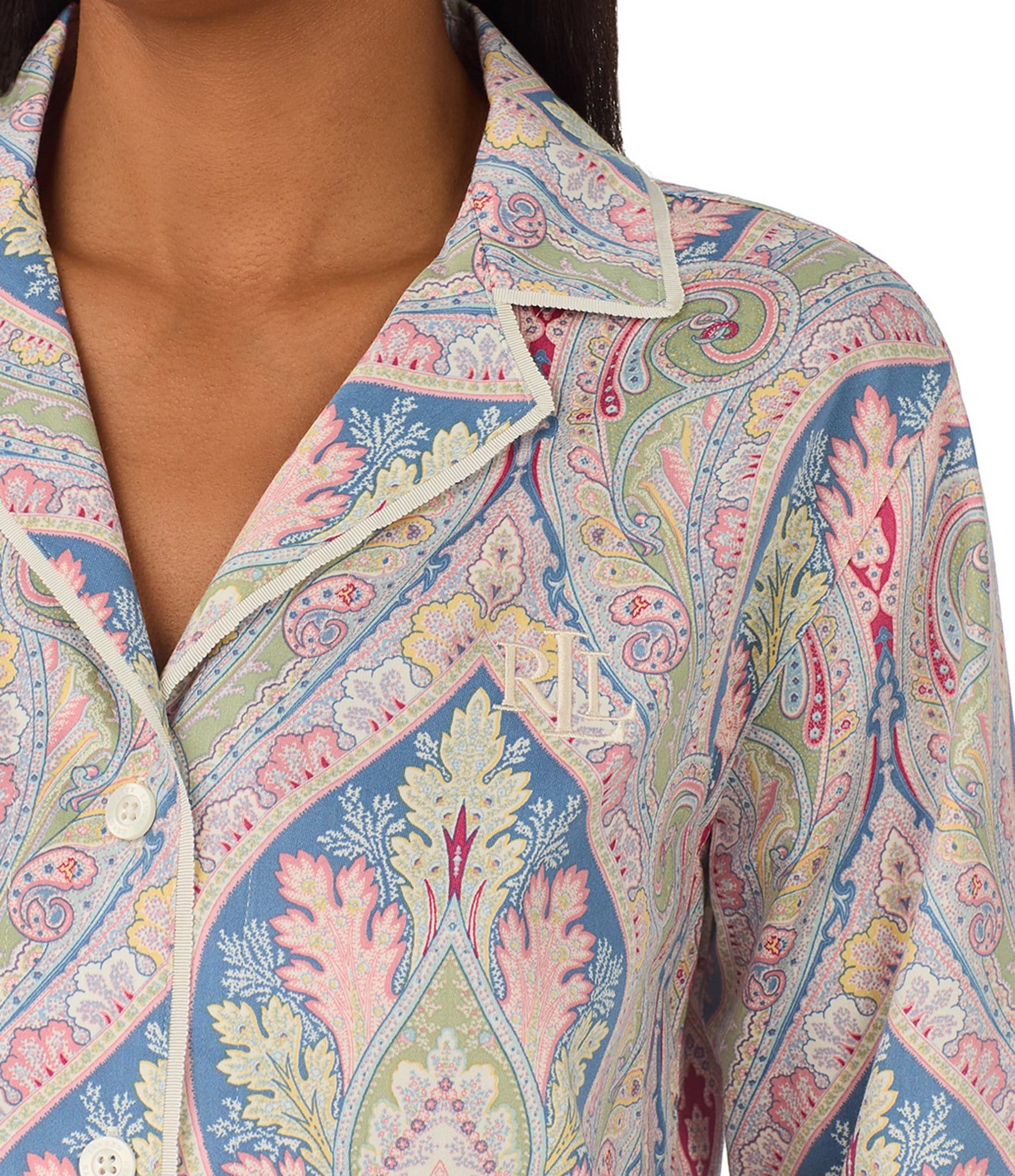 Lauren Ralph Lauren Long Sleeve Notch Collar Woven Sateen Paisley Pajama Set