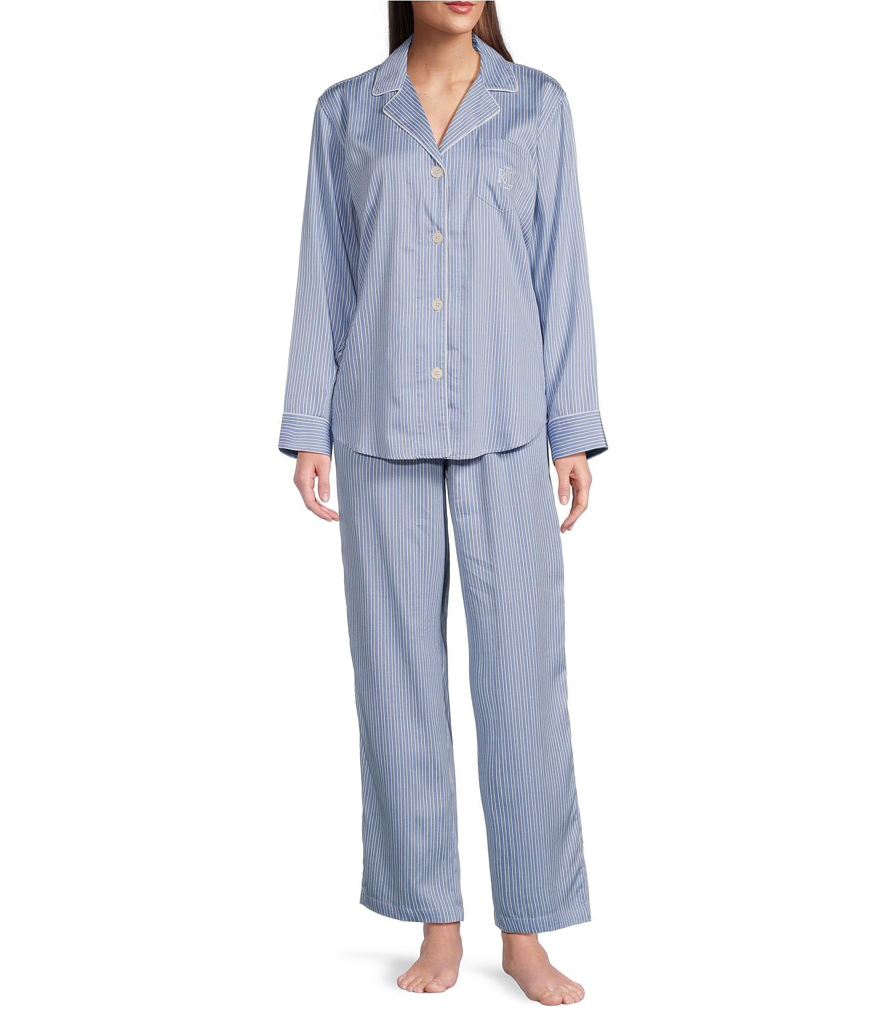 Lauren Ralph Lauren Long Sleeve Notch Collar Woven Striped Pajama Set