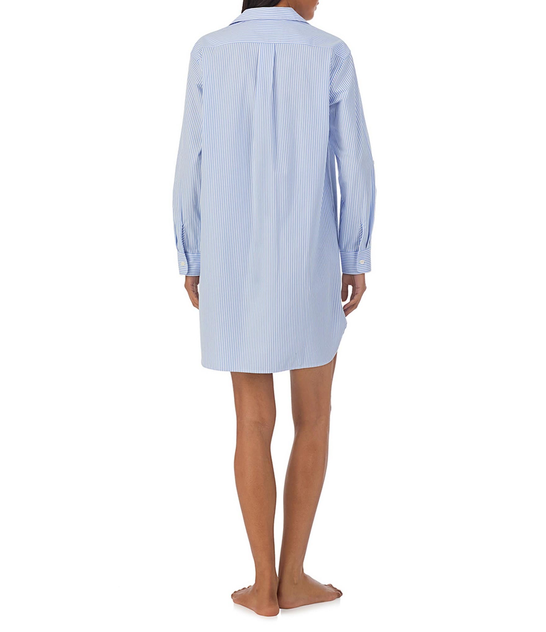 Lauren Ralph Lauren Long Sleeve Roll Tab Woven Button-Front Striped Nightshirt