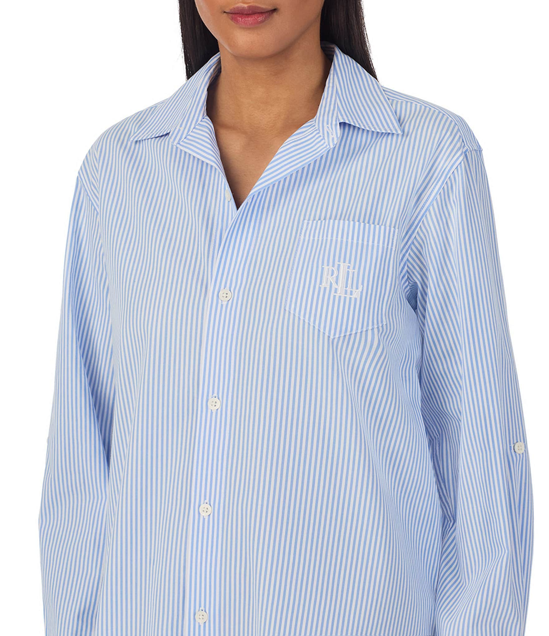 Lauren Ralph Lauren Long Sleeve Roll Tab Woven Button-Front Striped Nightshirt