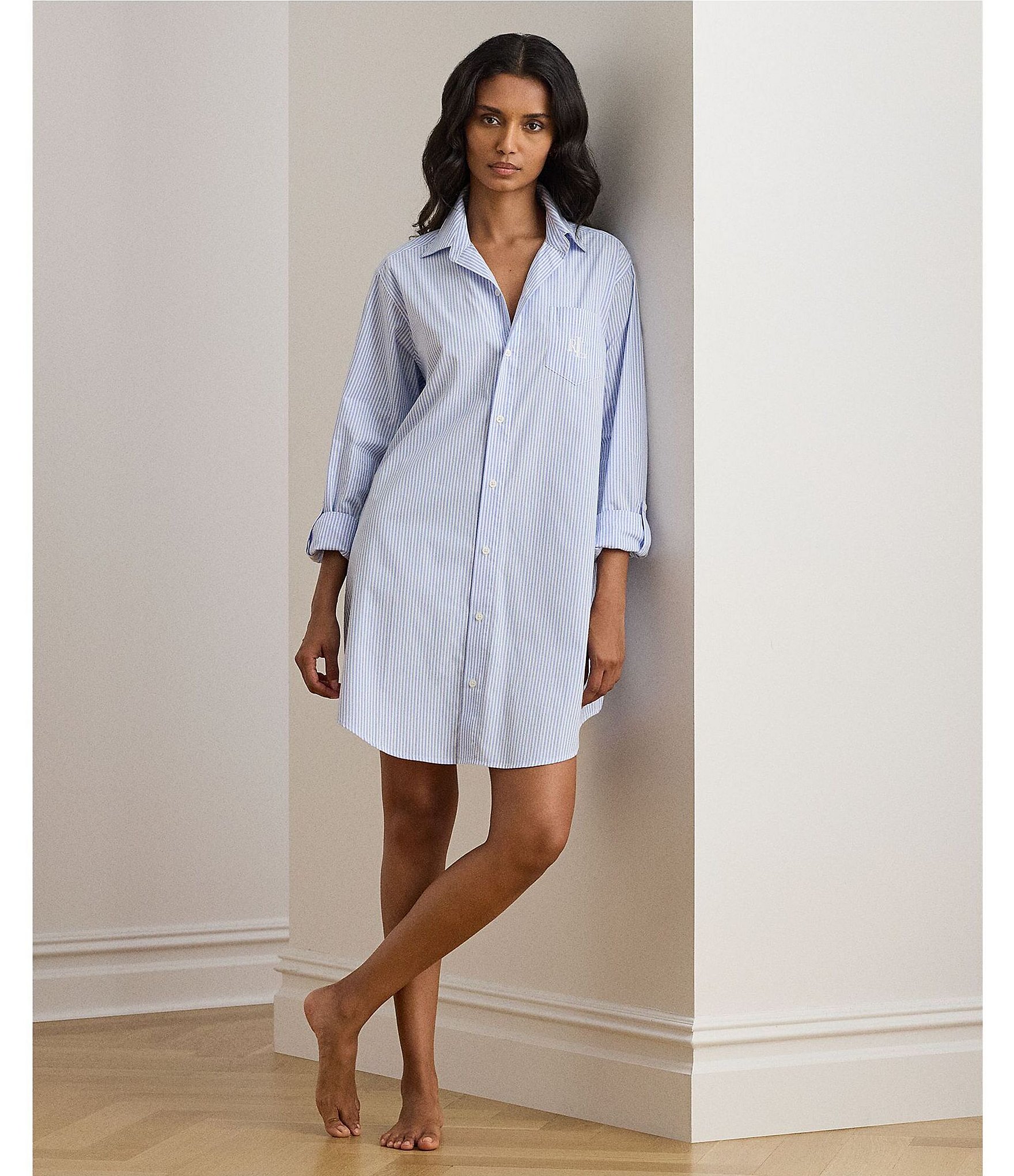 Lauren Ralph Lauren Long Sleeve Roll Tab Woven Button-Front Striped Nightshirt