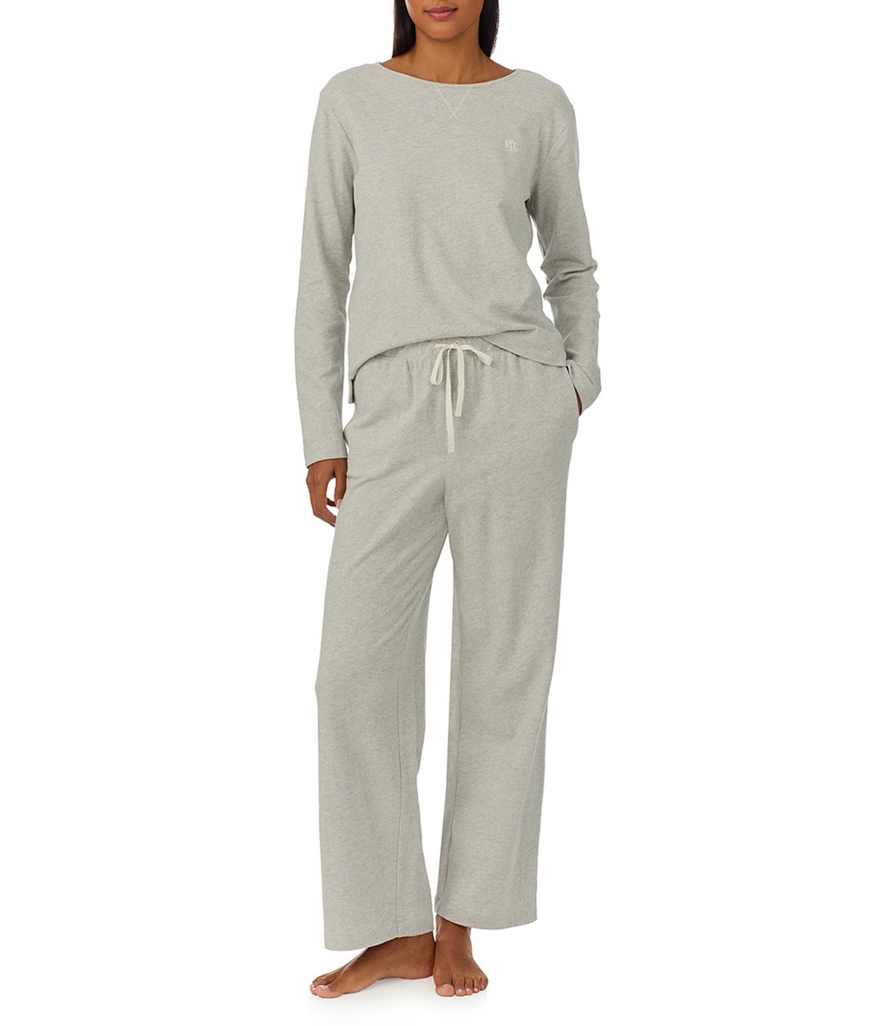 Lauren Ralph Lauren Long Sleeve Scoop Neck Knit Herringbone Pajama Set